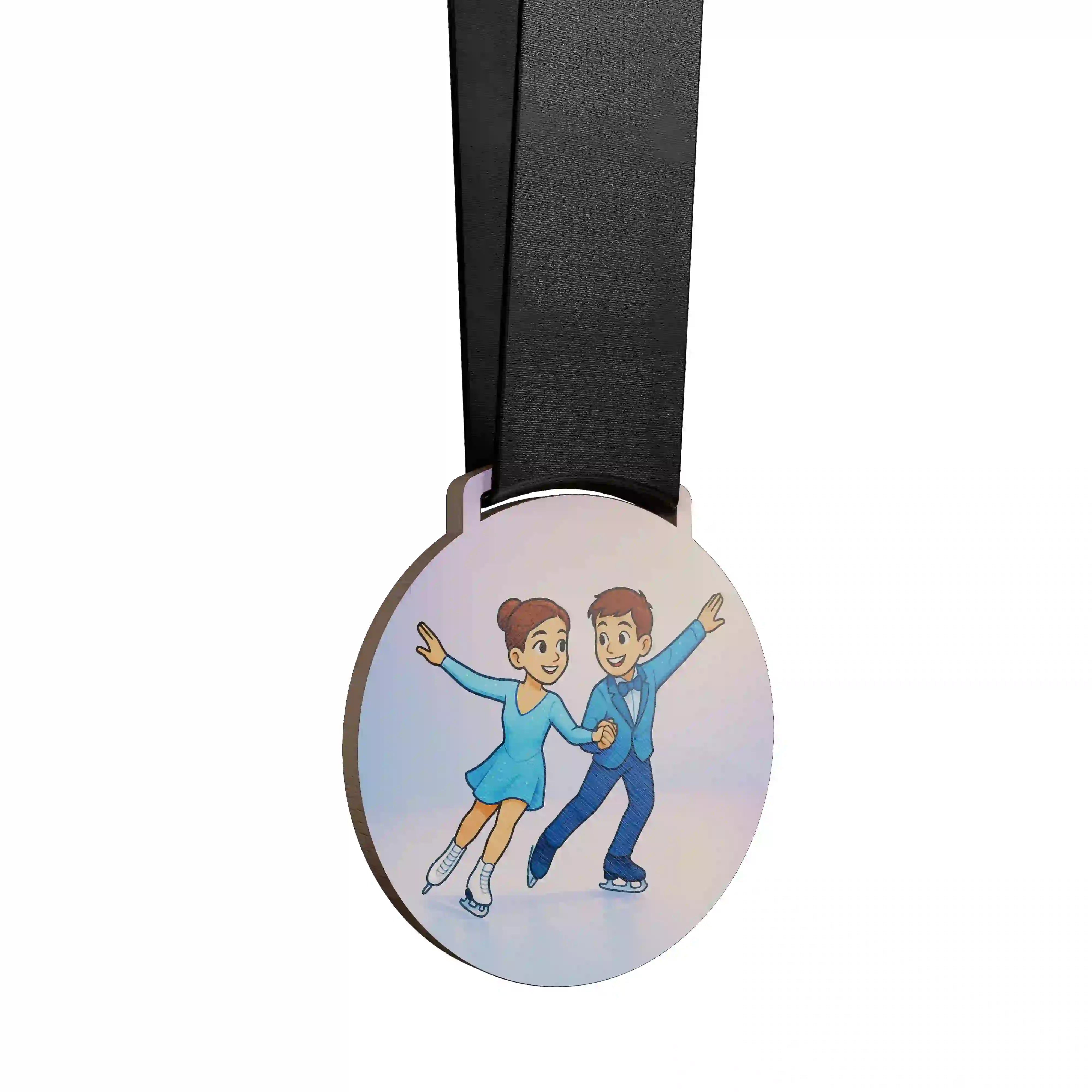 médaille en bois de deux jeunes enfants faisant du patinage artistique