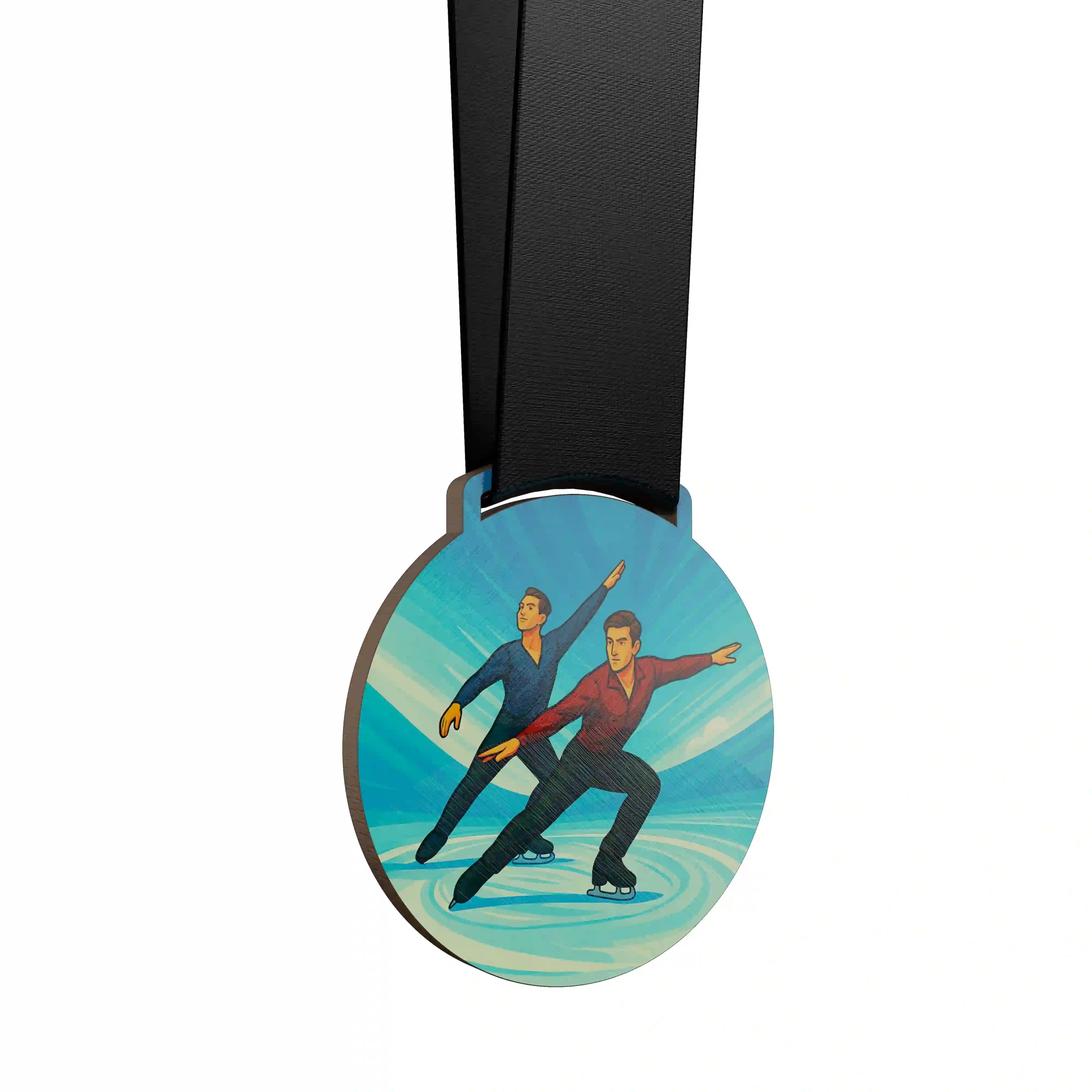 médaille en bois de deux hommes faisant du patinage artistique