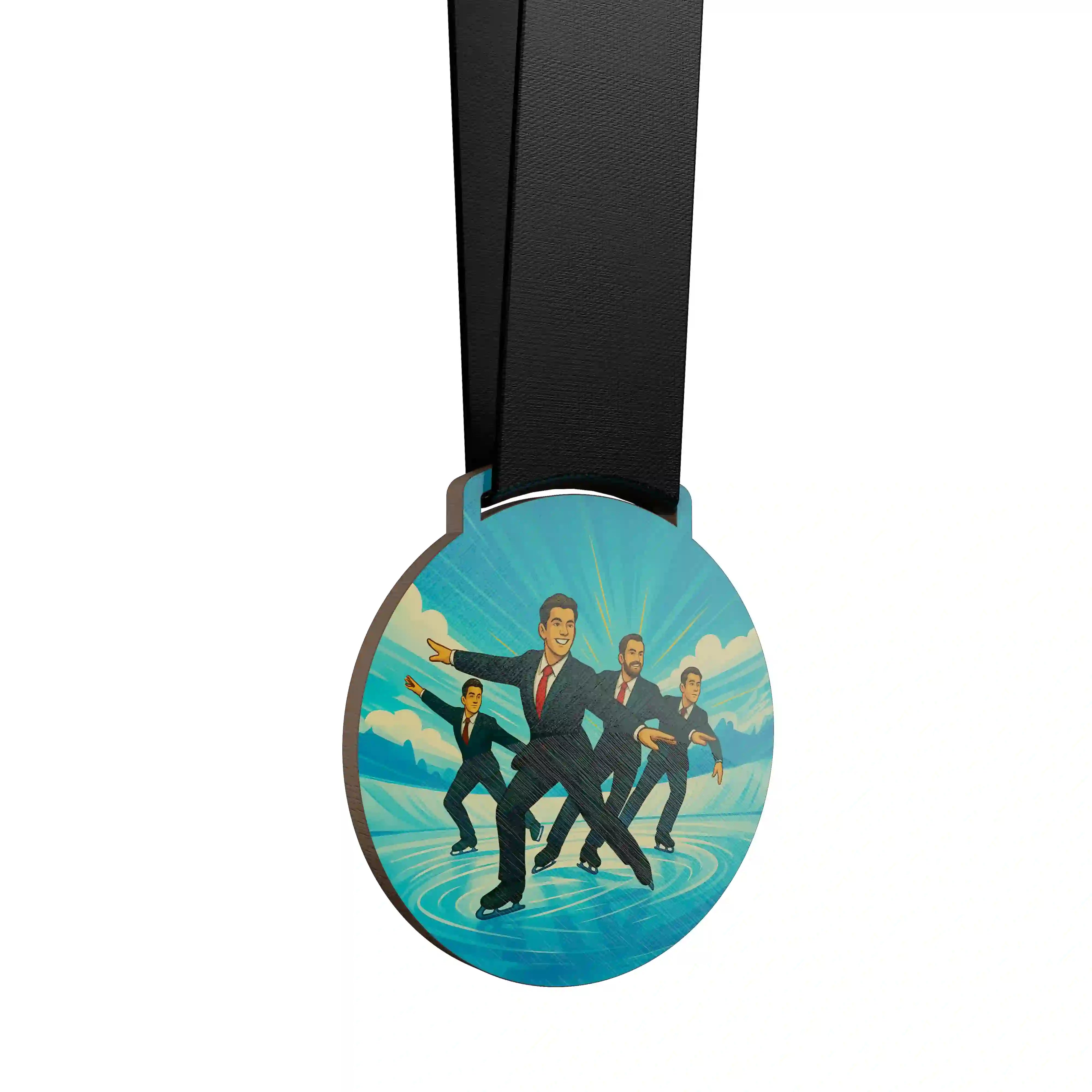 médaille en bois d'un groupe d'homme faisant du patinage artistique