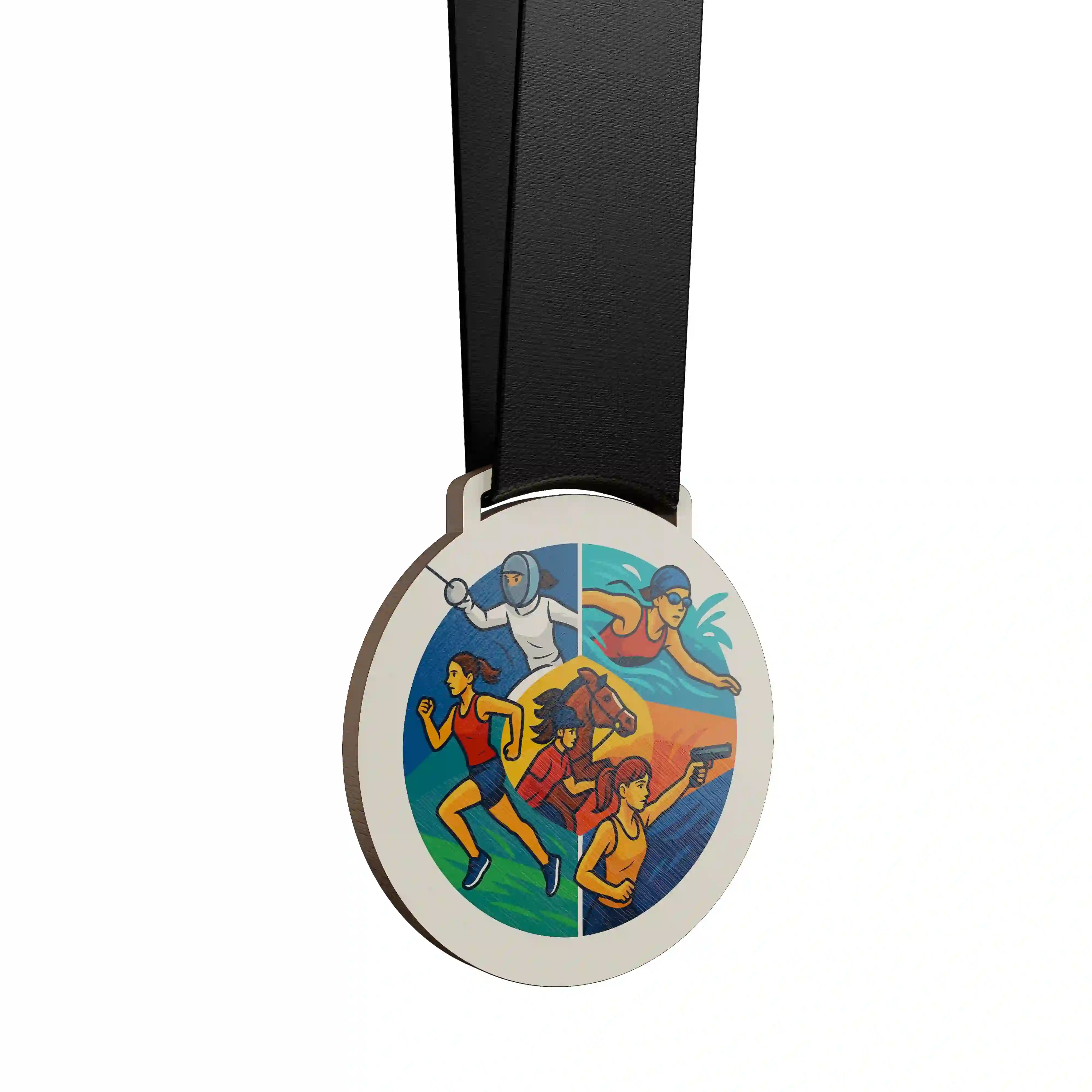 médaille en bois montrant une femme effectuer un penthalon moderne