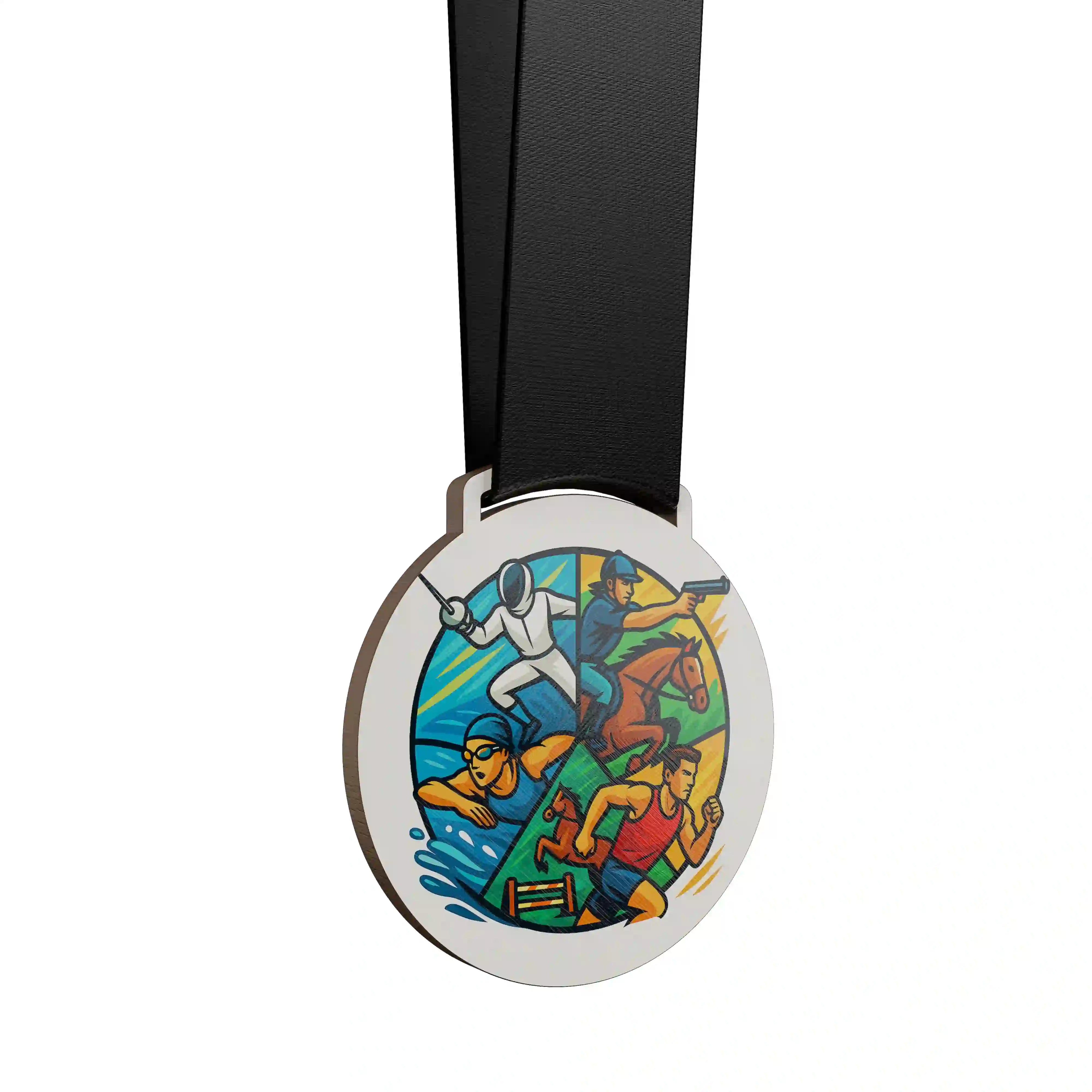 médaille en bois montrant un homme effectuant un penthalon moderne