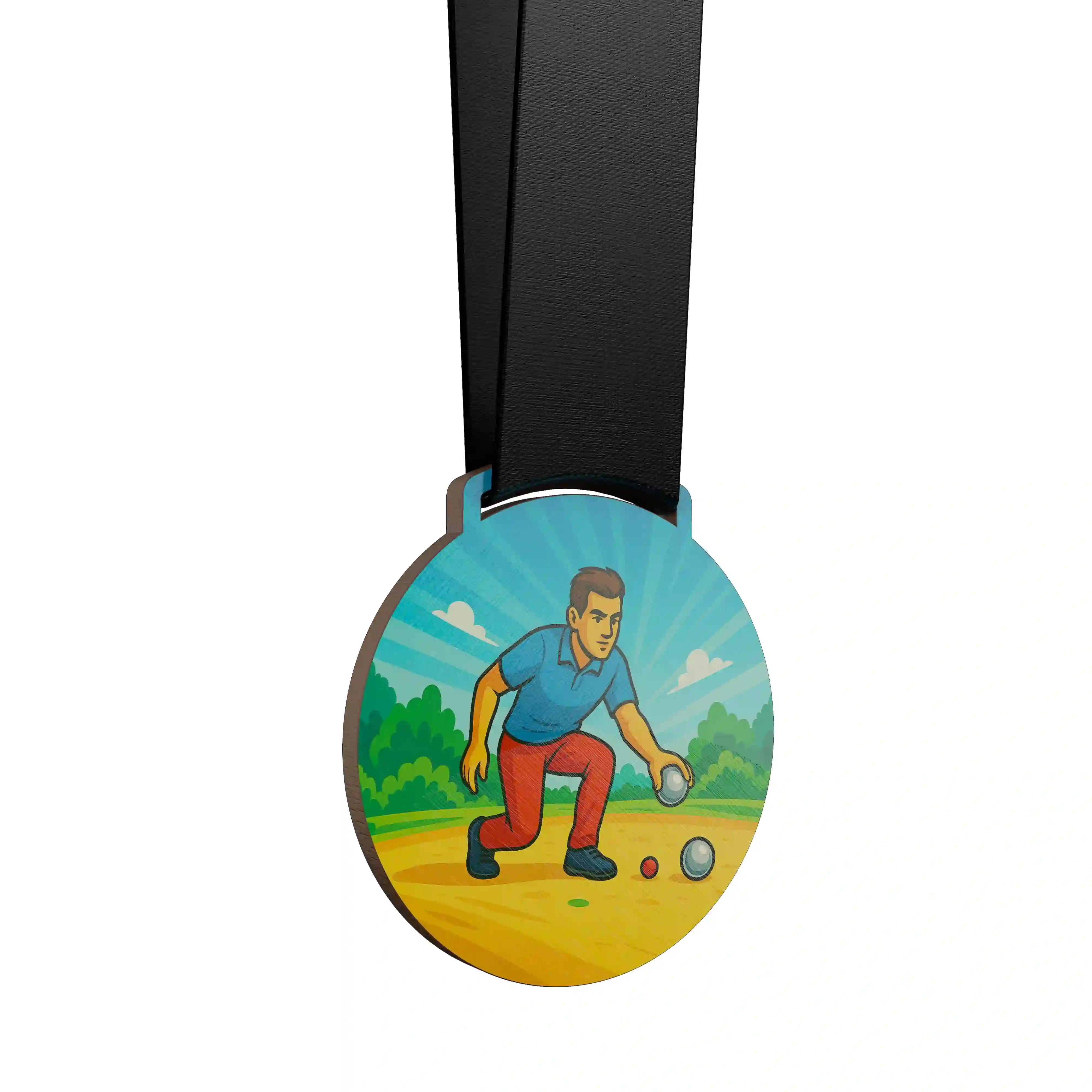 médaille en bois d'un homme faisant de la pétanque