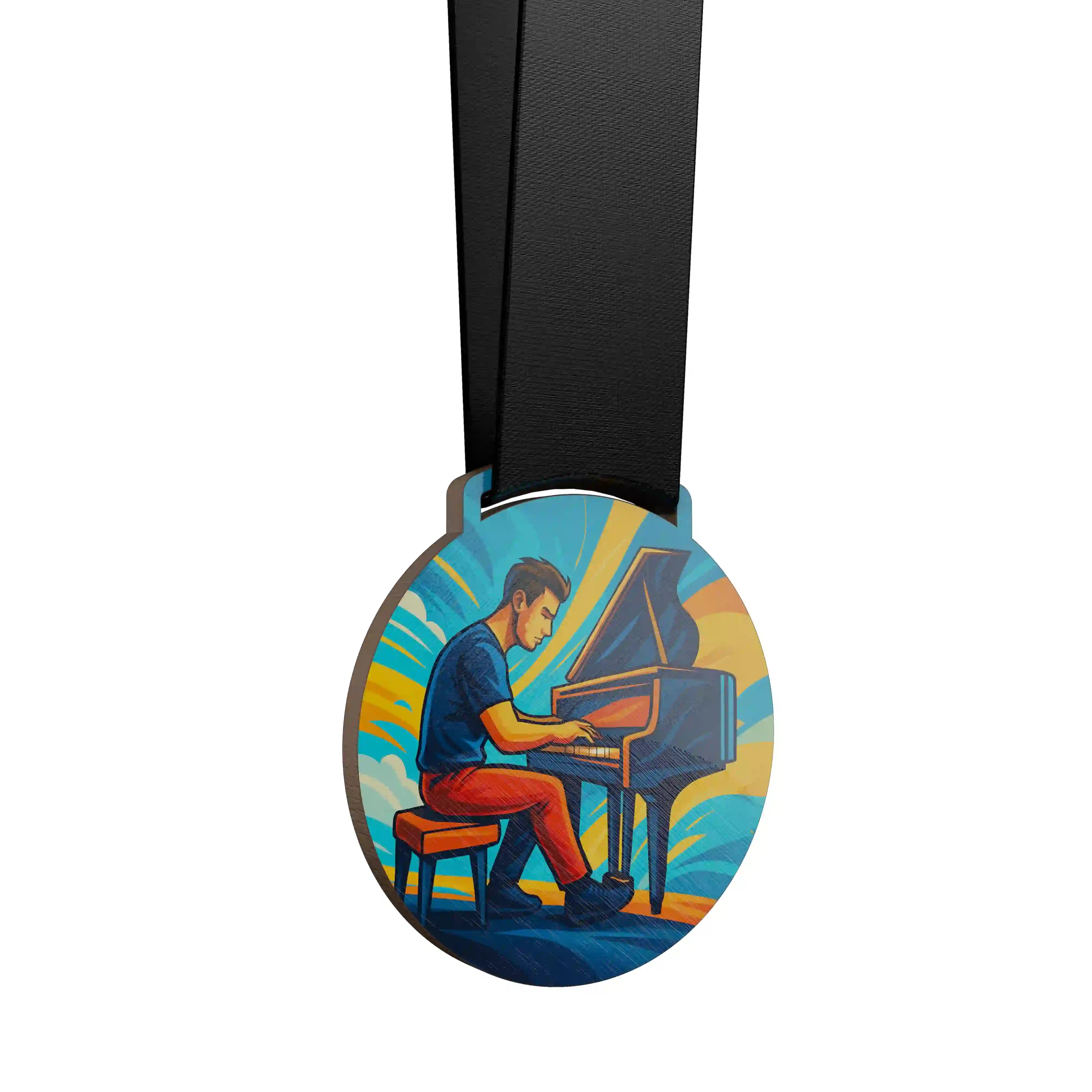 médaille en bois d'un homme jouant du piano