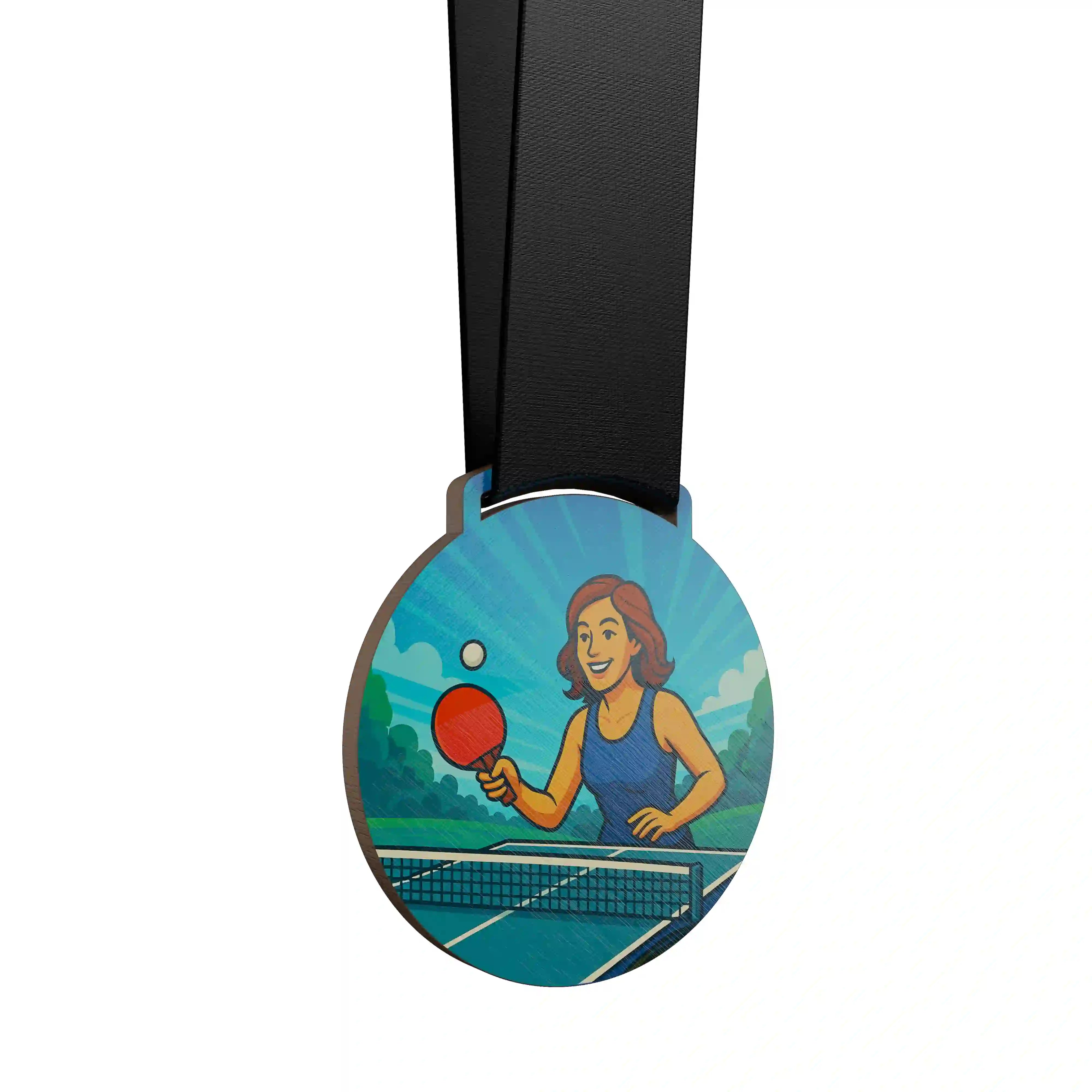 médaille en bois d'une femme jouant au ping pong