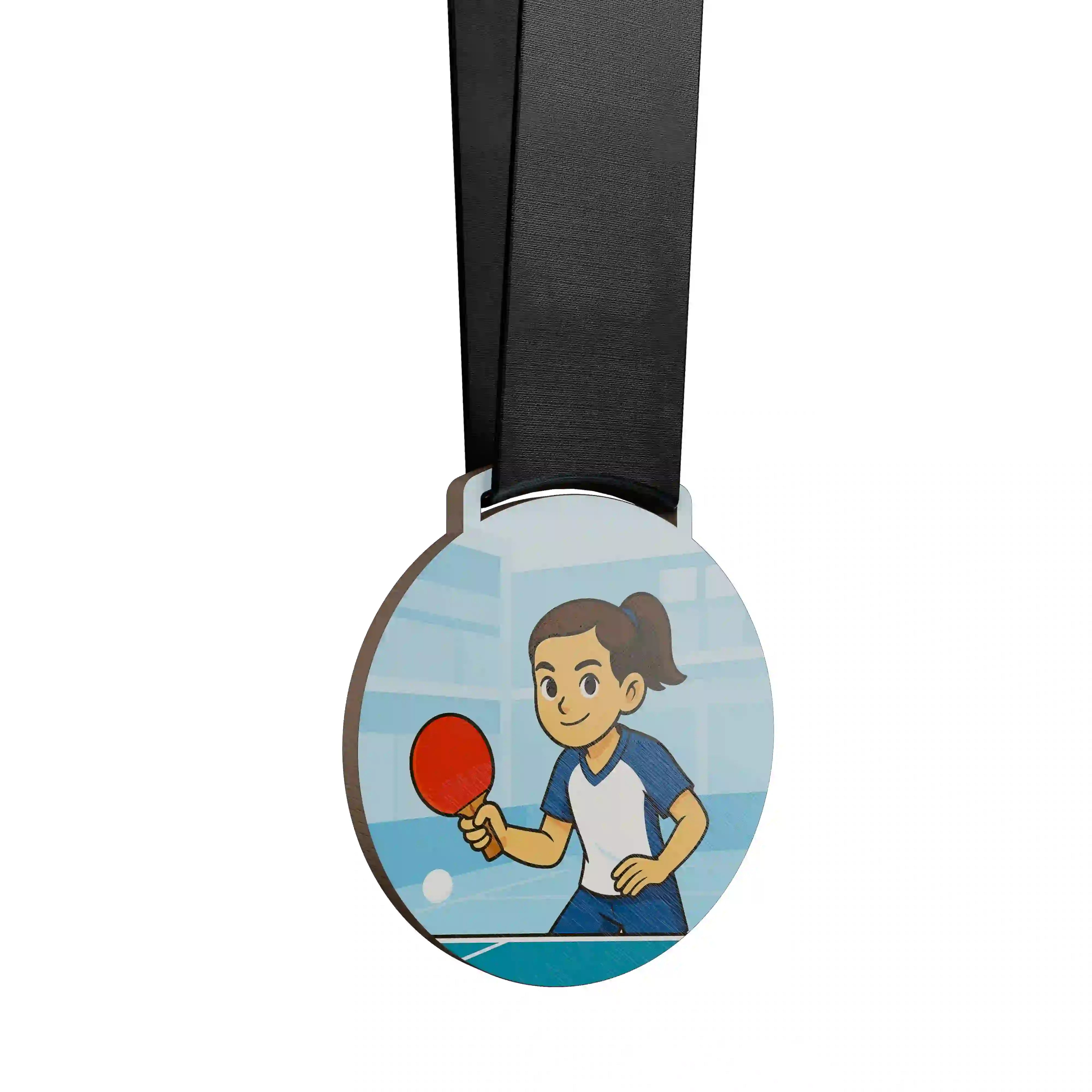 médaille en bois d'une jeune fille jouant au ping pong