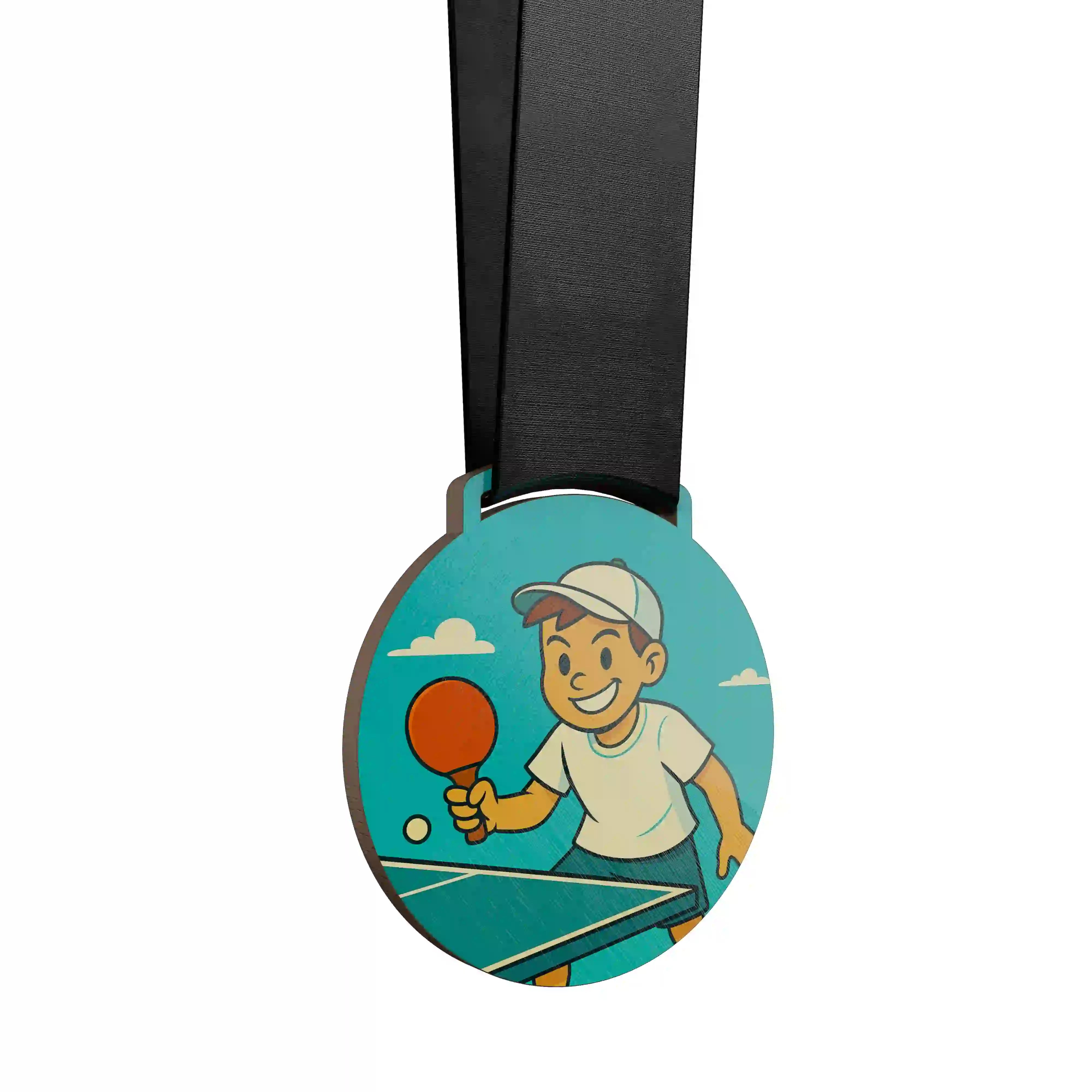 médaille en bois d'un jeune garçon jouant au ping pong