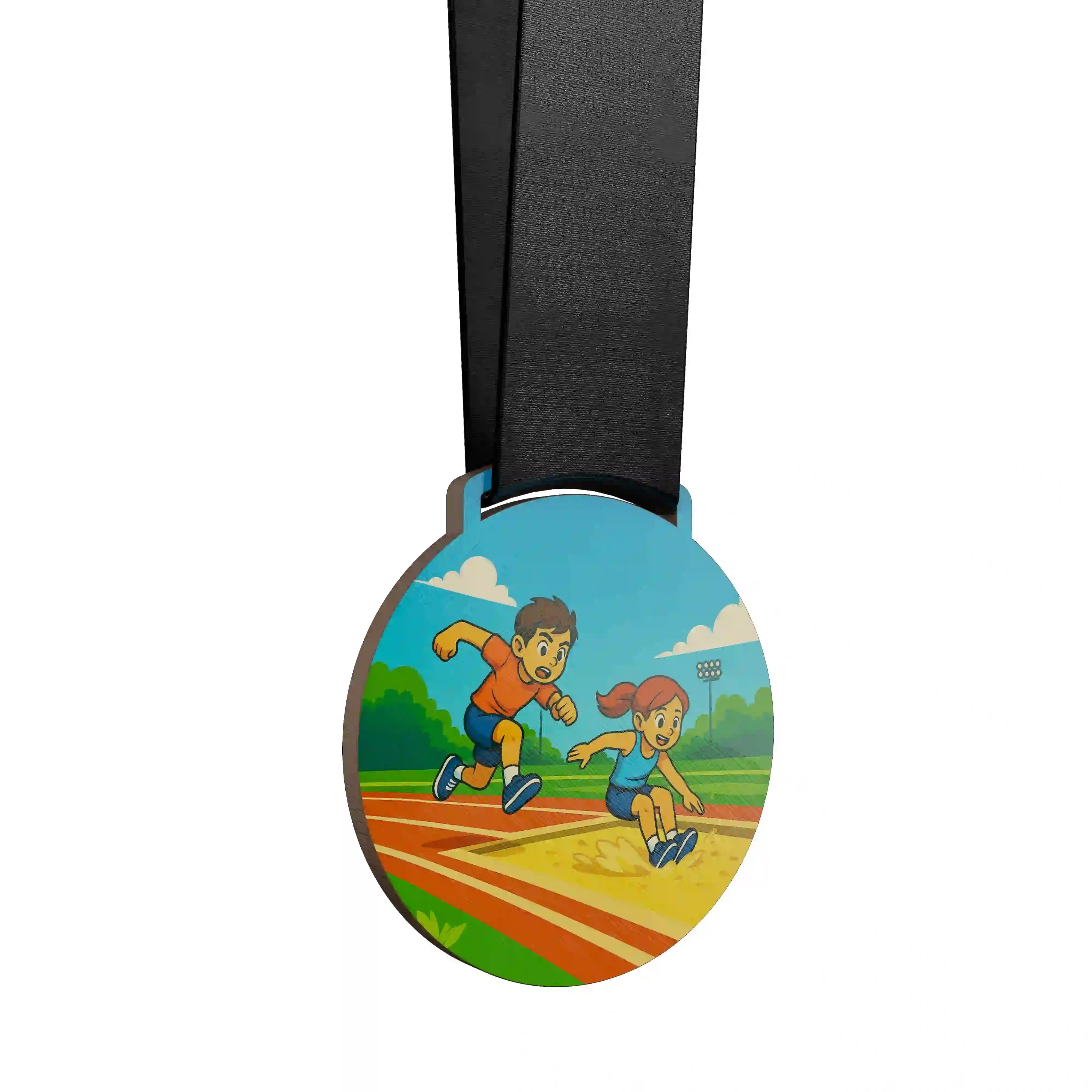 médaille en bois de deux enfants faisant du saut en longueur