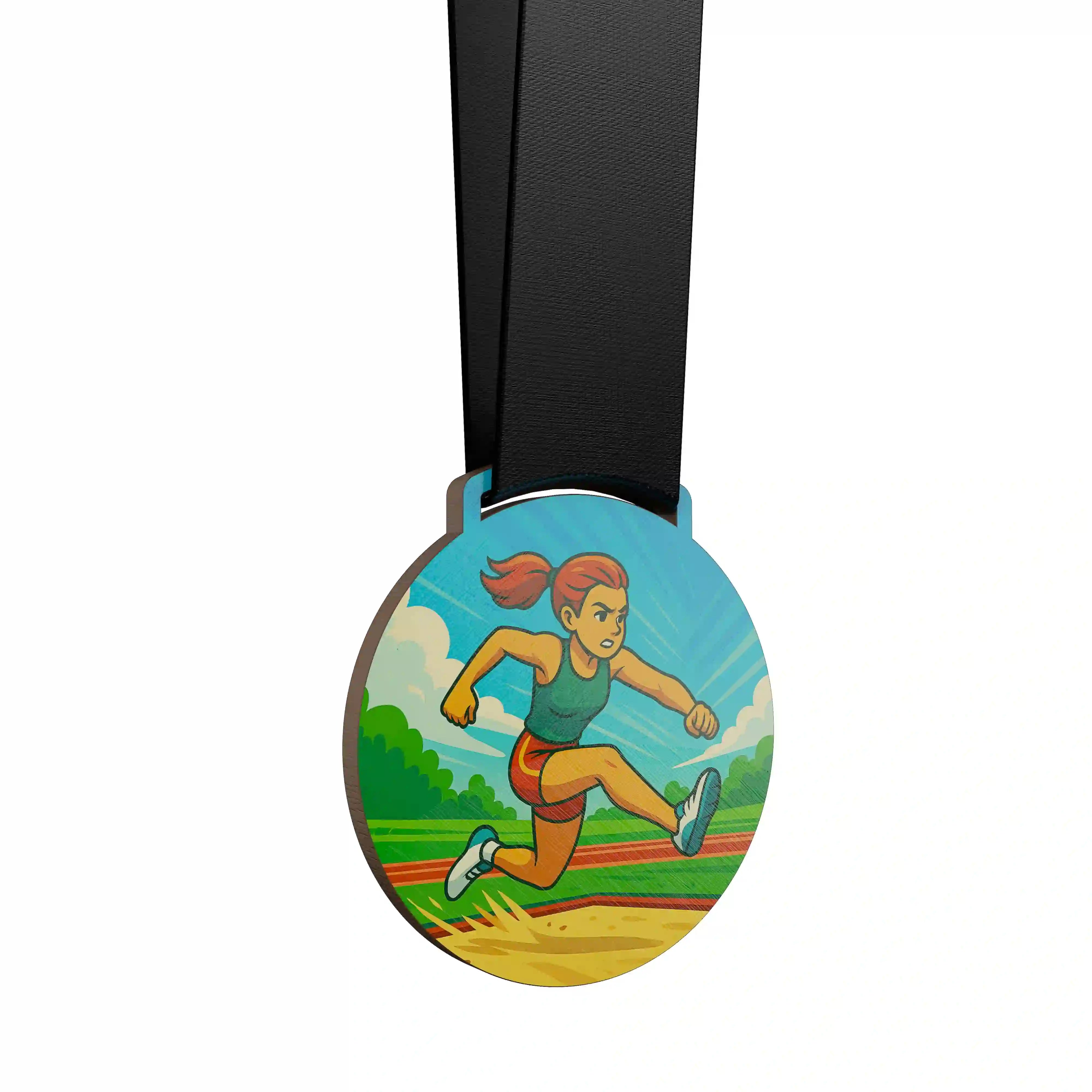 médaille en bois d'une femme faisant du saut en longueur