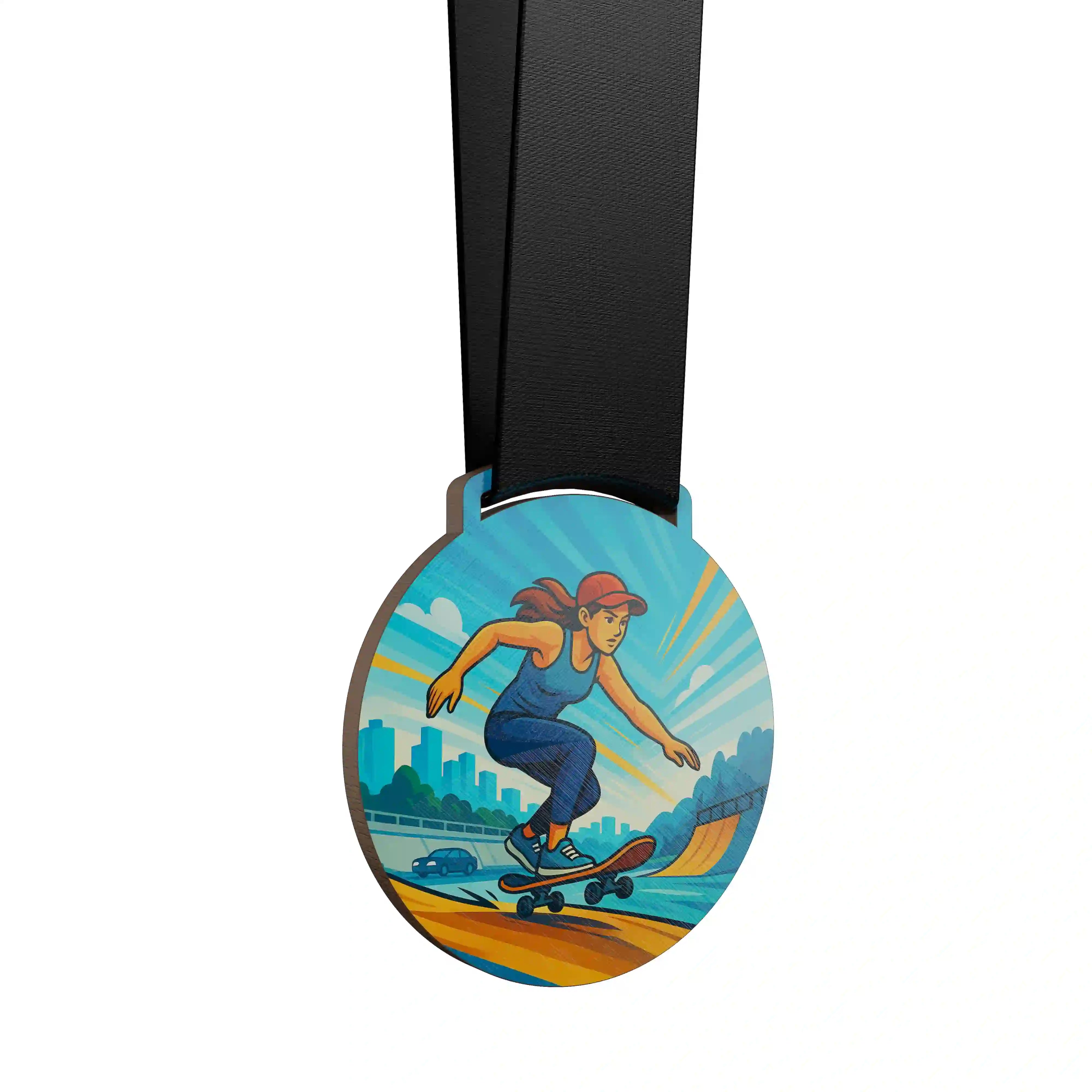 médaille en bois d'une femme faisant du skate