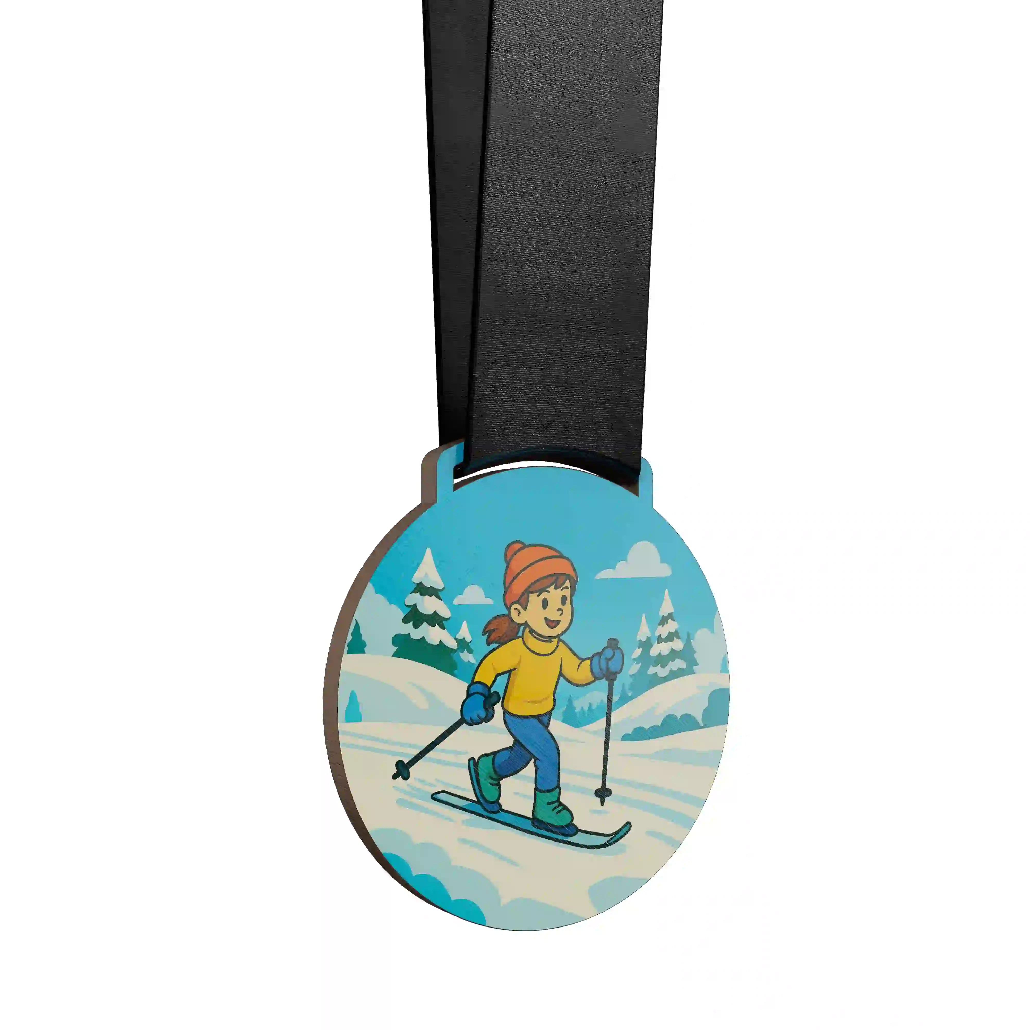 médaille en bois d'une petite fille faisant du ski de fond