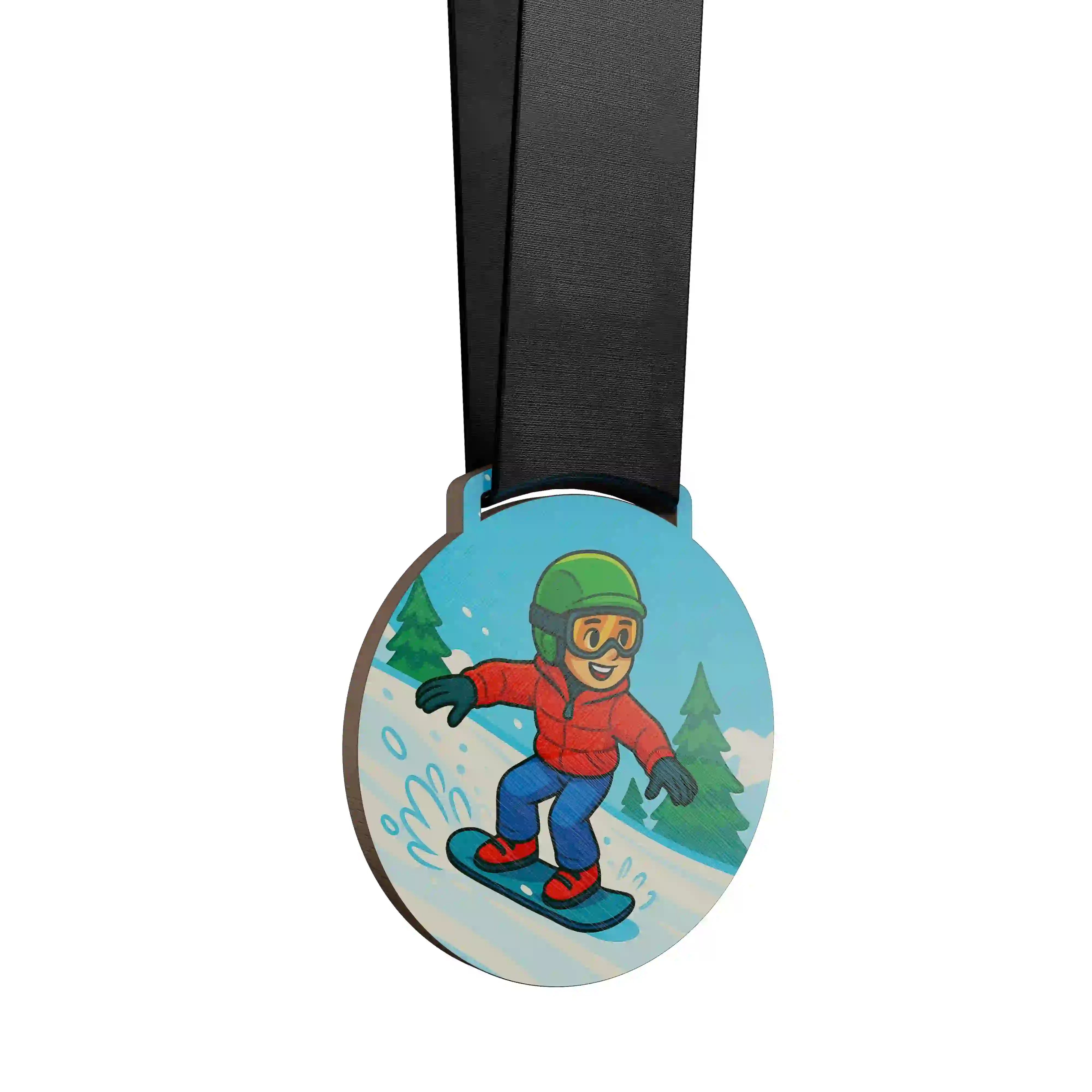 médaille en bois d'un jeune garçon faisant du snowboard cross