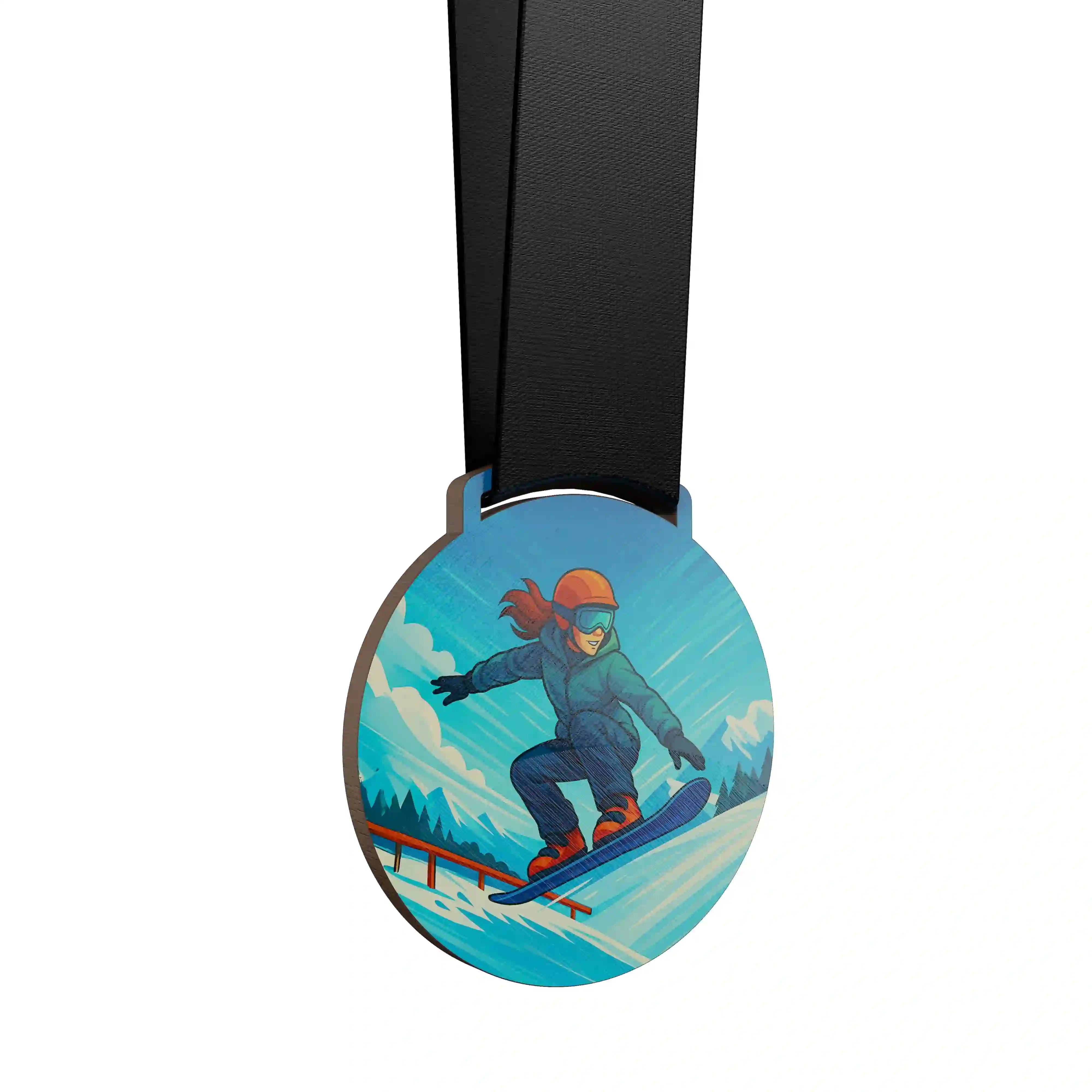 médaille en bois d'une femme faisant du snowboard slopestyle