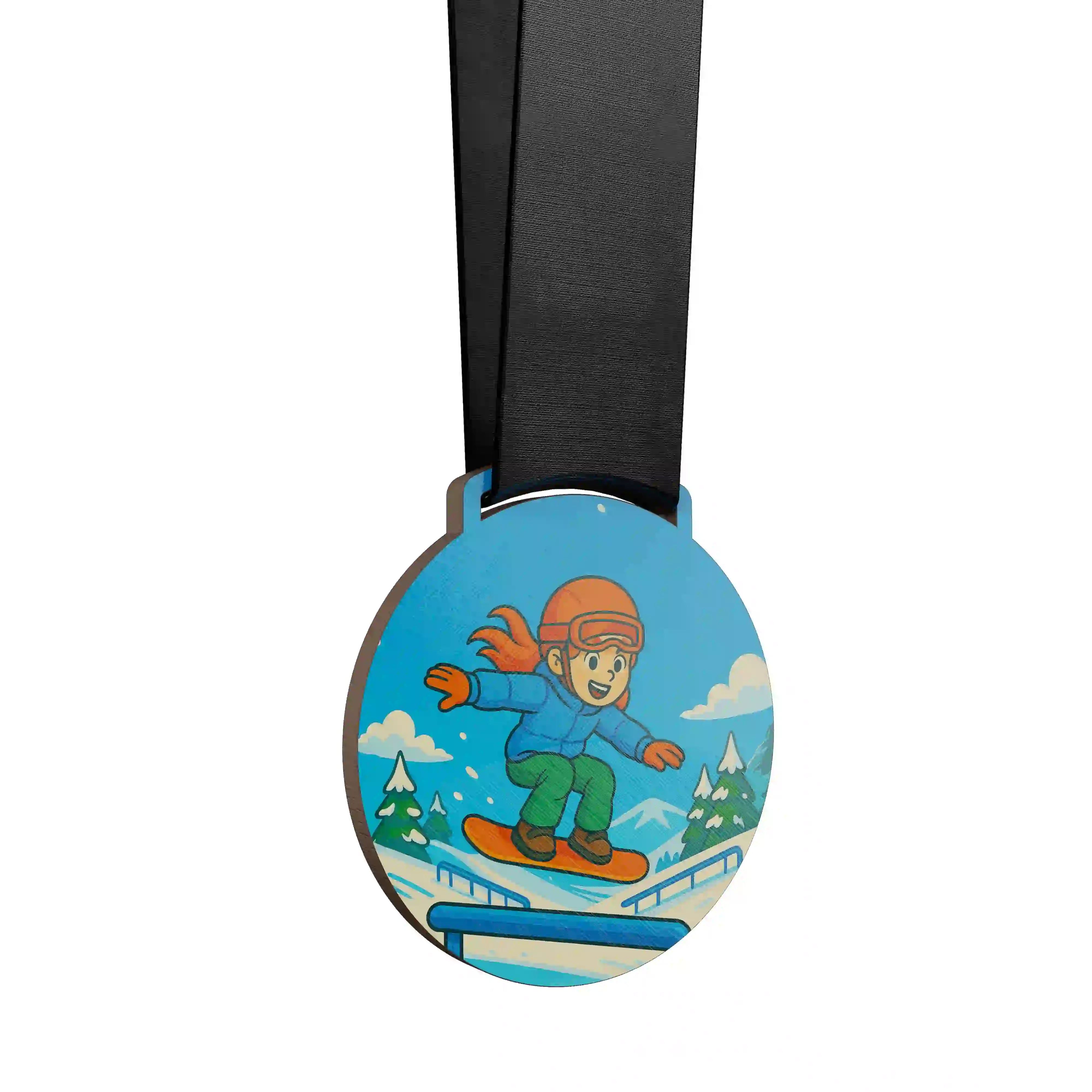 médaille en bois d'une jeune fille faisant du snowboard slopestyle