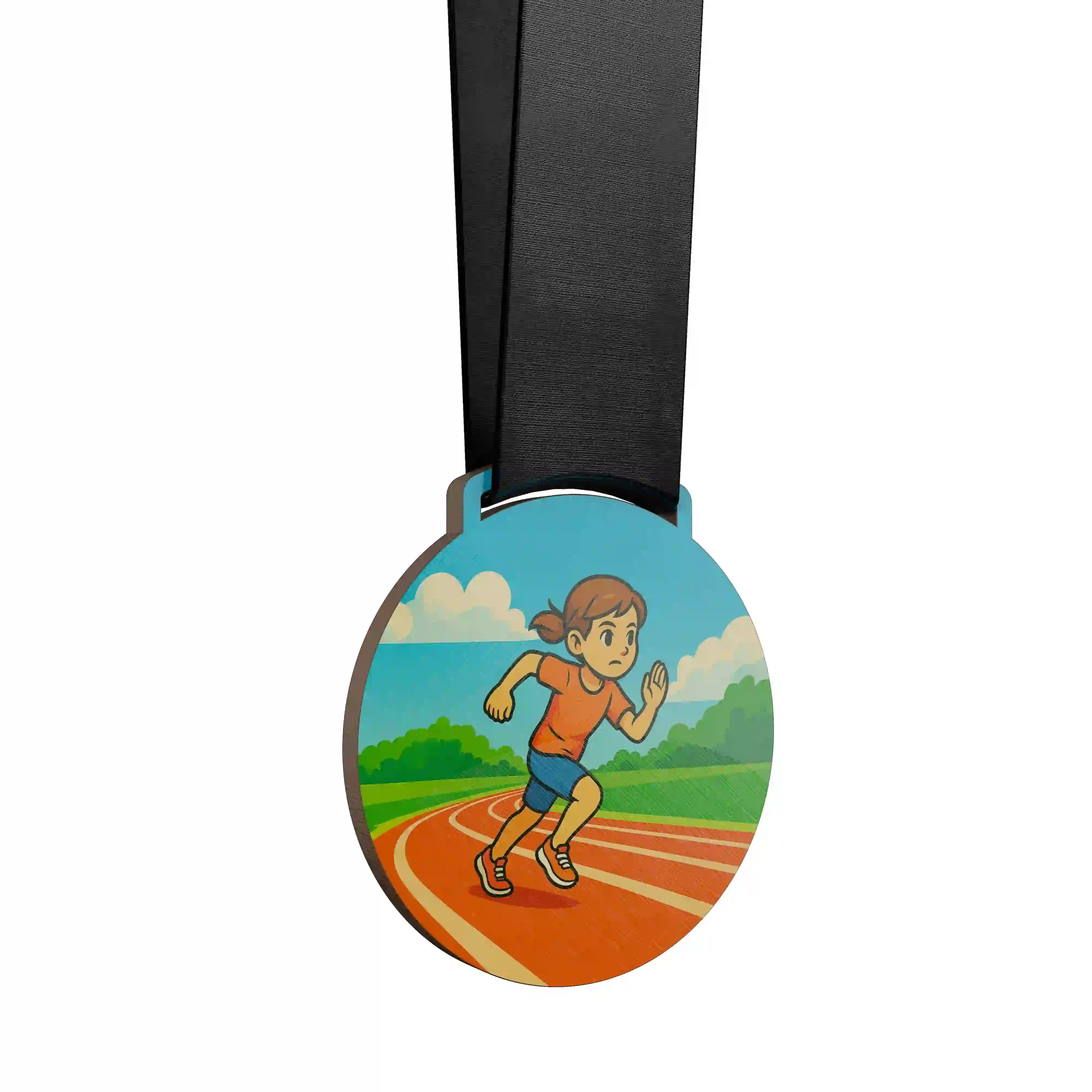 médaille en bois d'une jeune fille qui fait du sprint