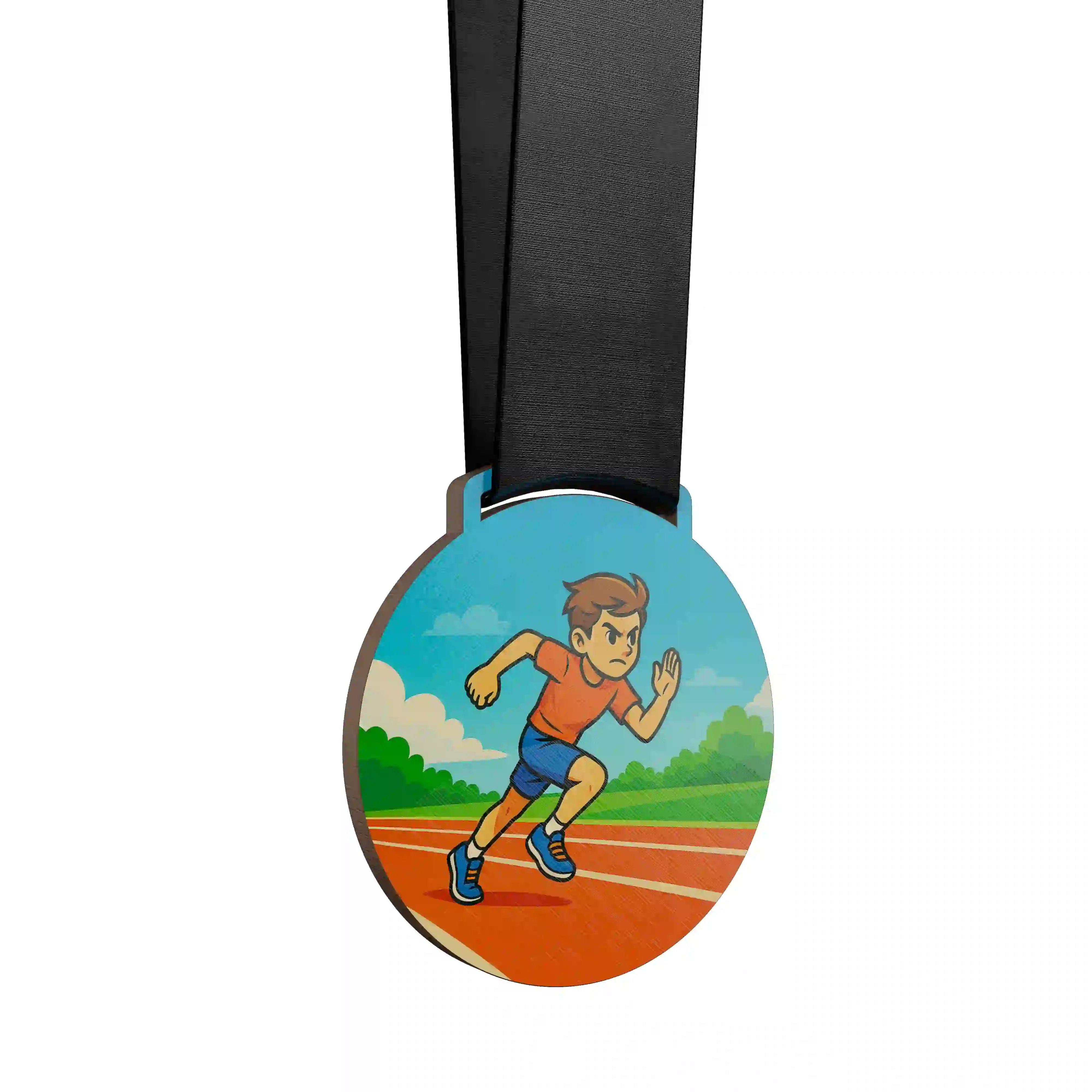 médaille en bois d'un jeune garçon qui sprint