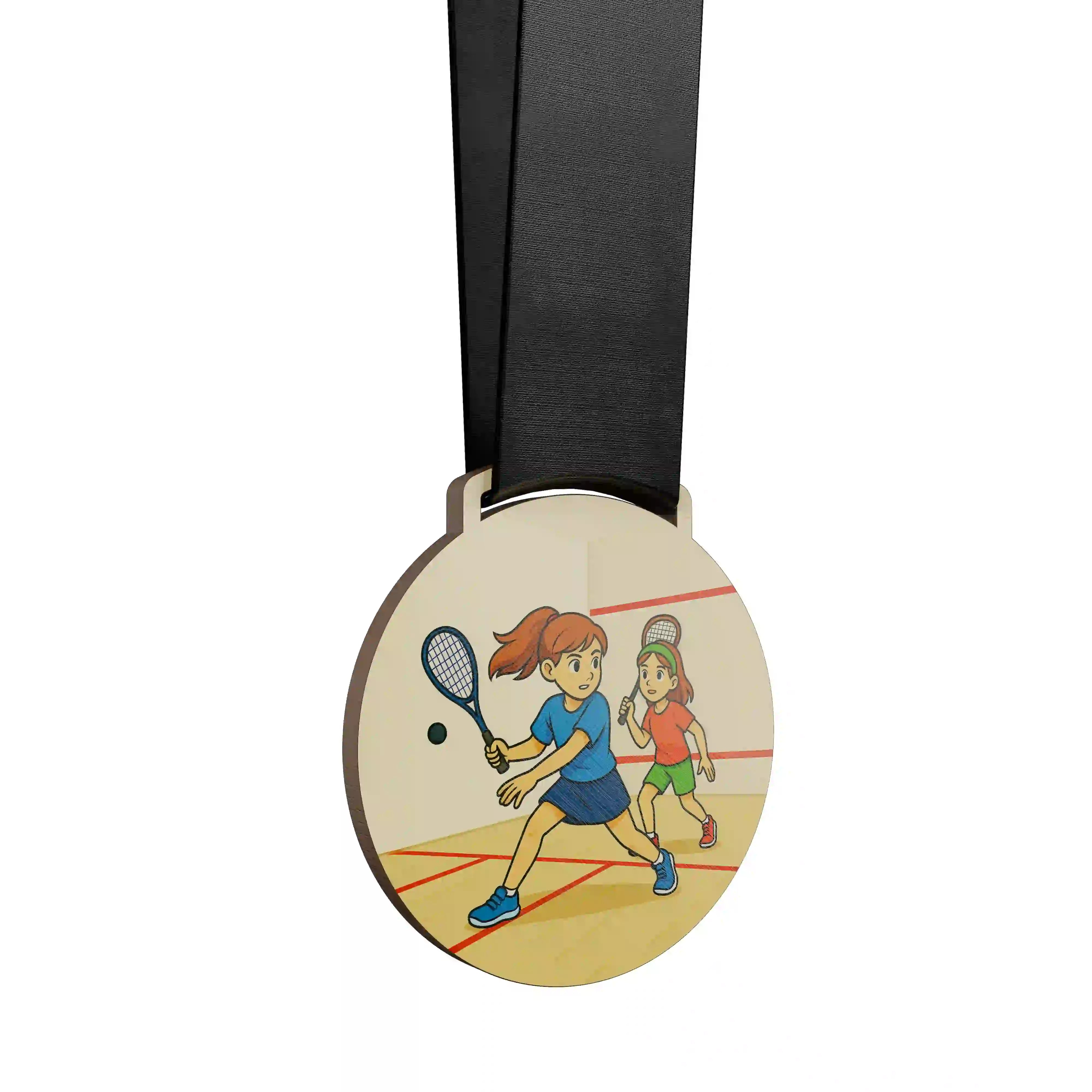 médaille en bois de deux jeunes filles faisant du squash