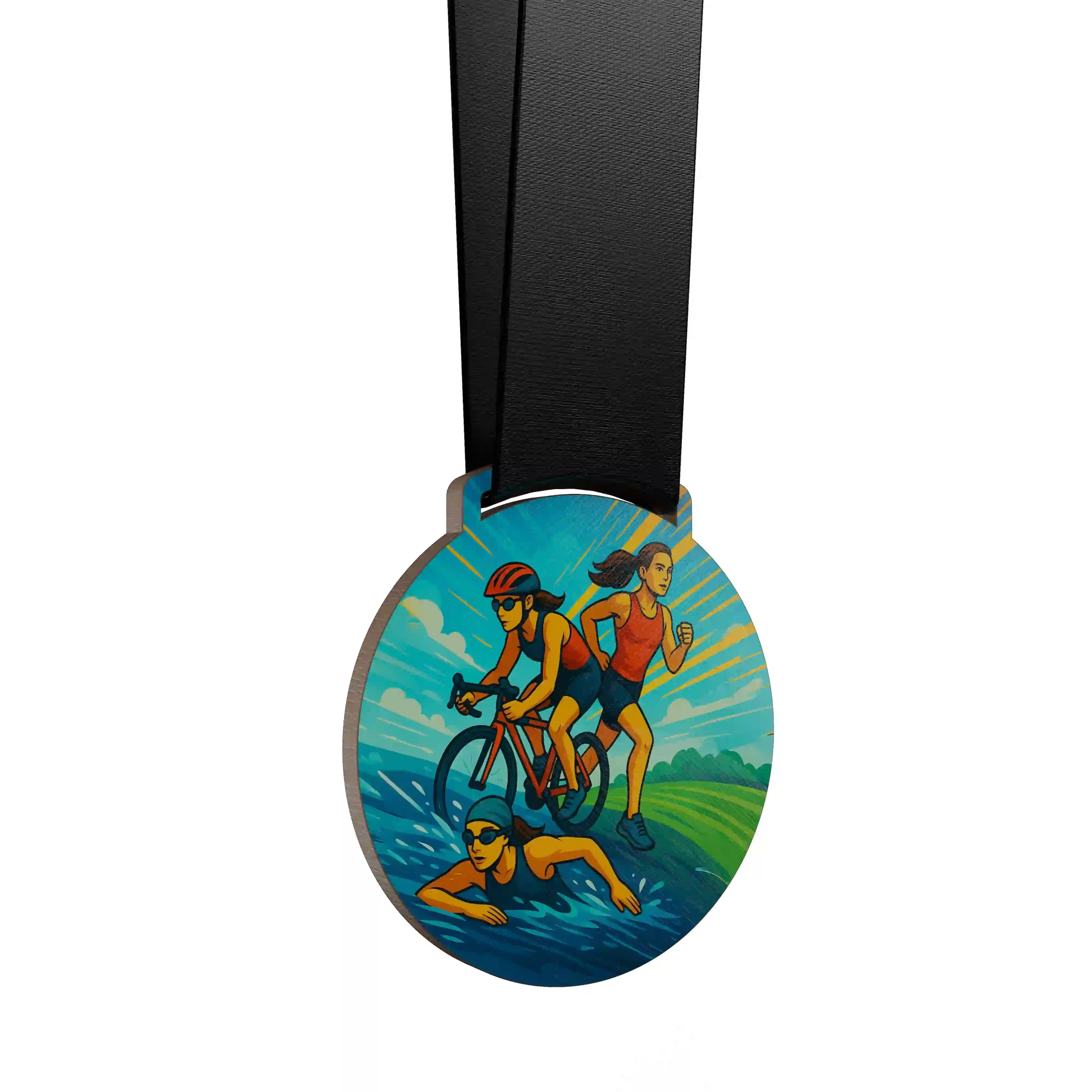 médaille en bois d'une femme faisant du triathlon