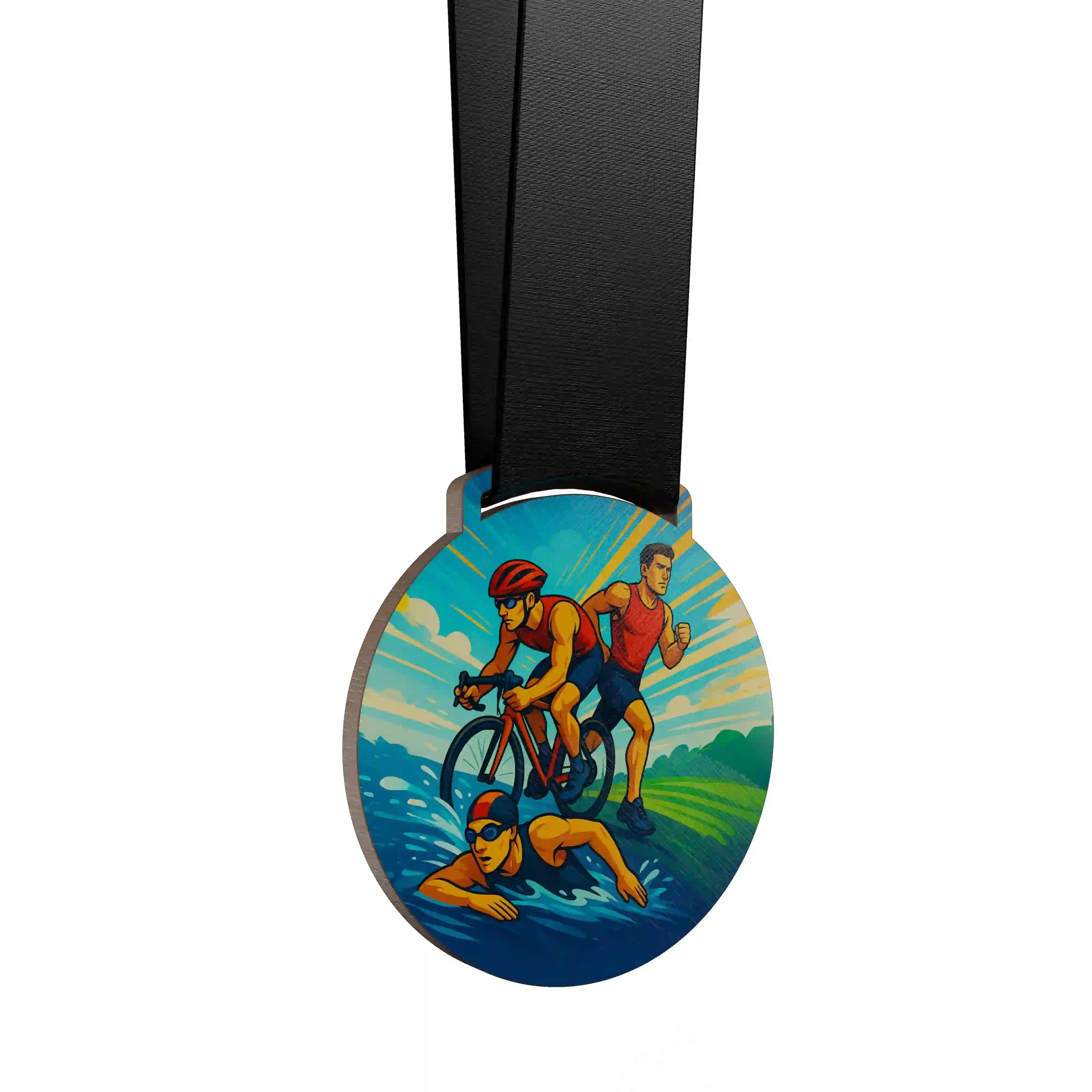 médaille en bois d'un homme faisant du triathlon