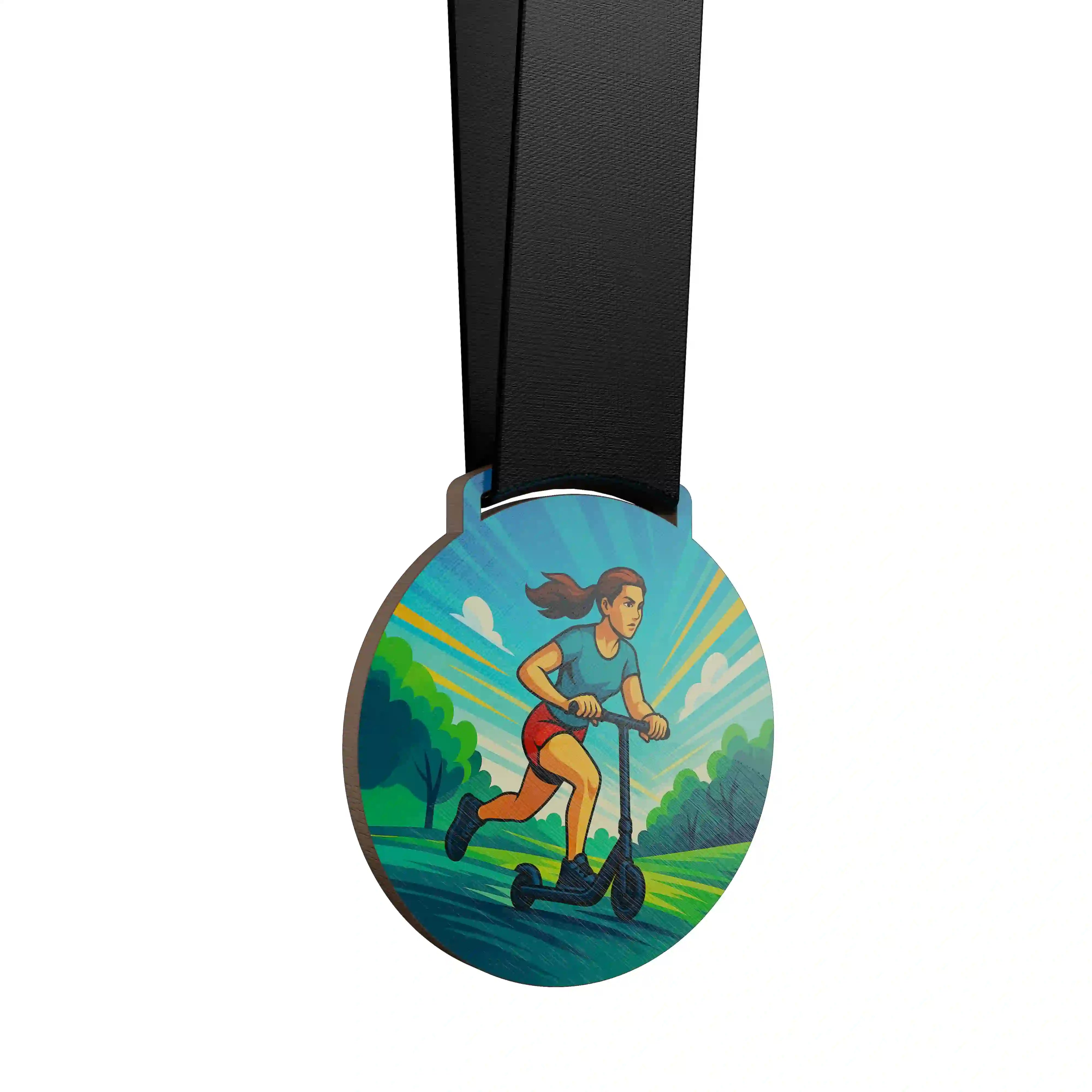 médaille en bois d'une femme faisant de la trottinette
