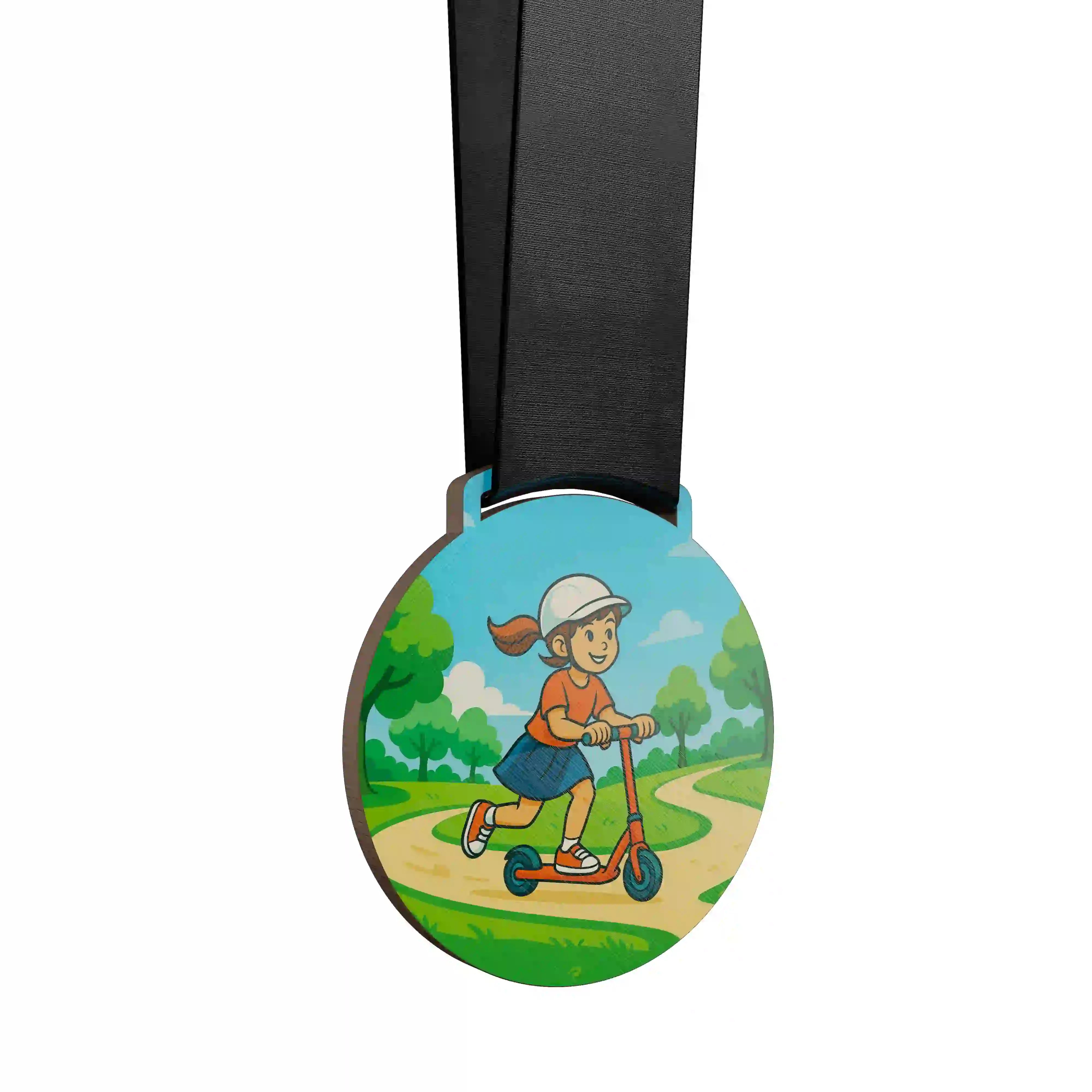 médaille en bois d'une jeune fille faisant de la trottinette