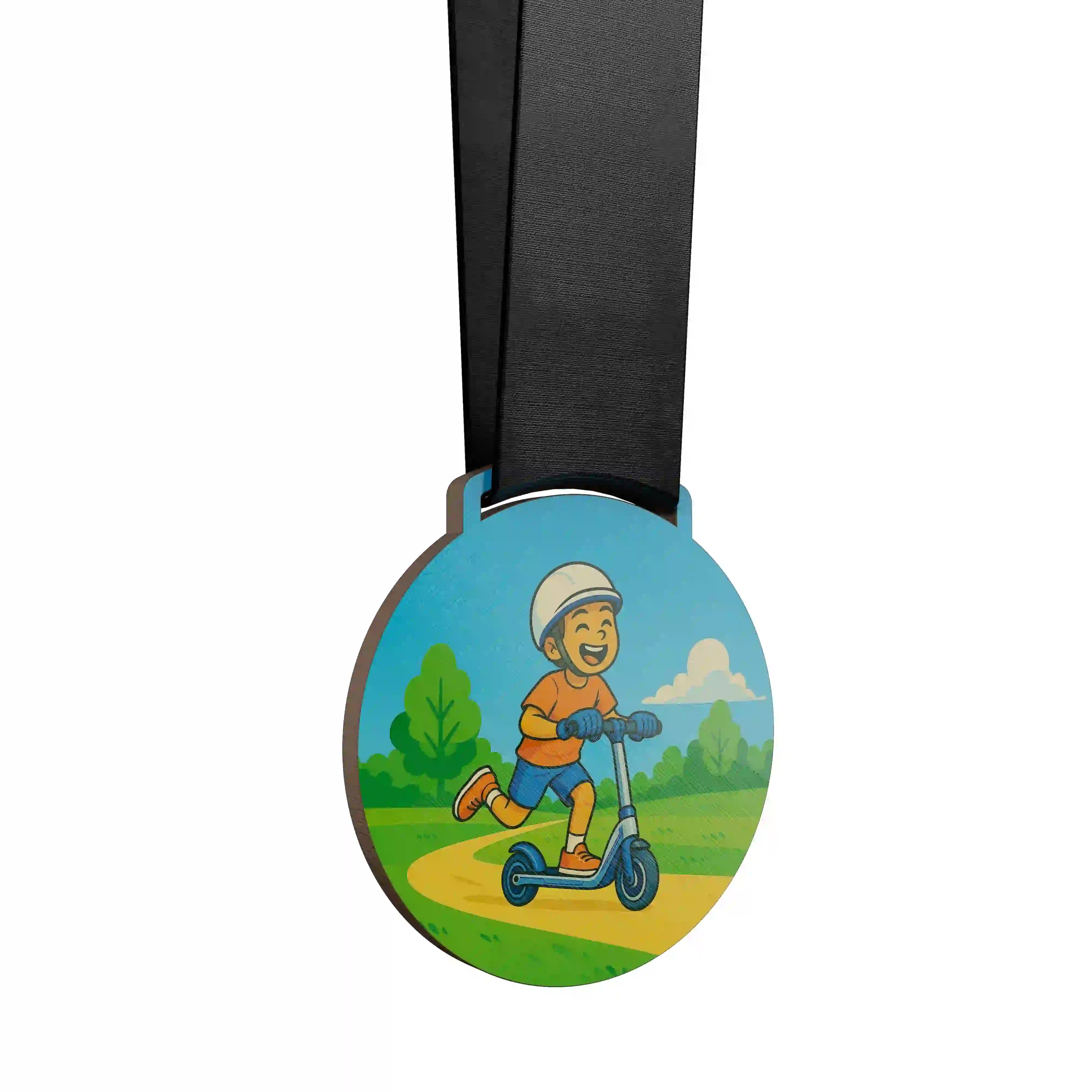 médaille en bois d'un garçon faisant de la trottinette
