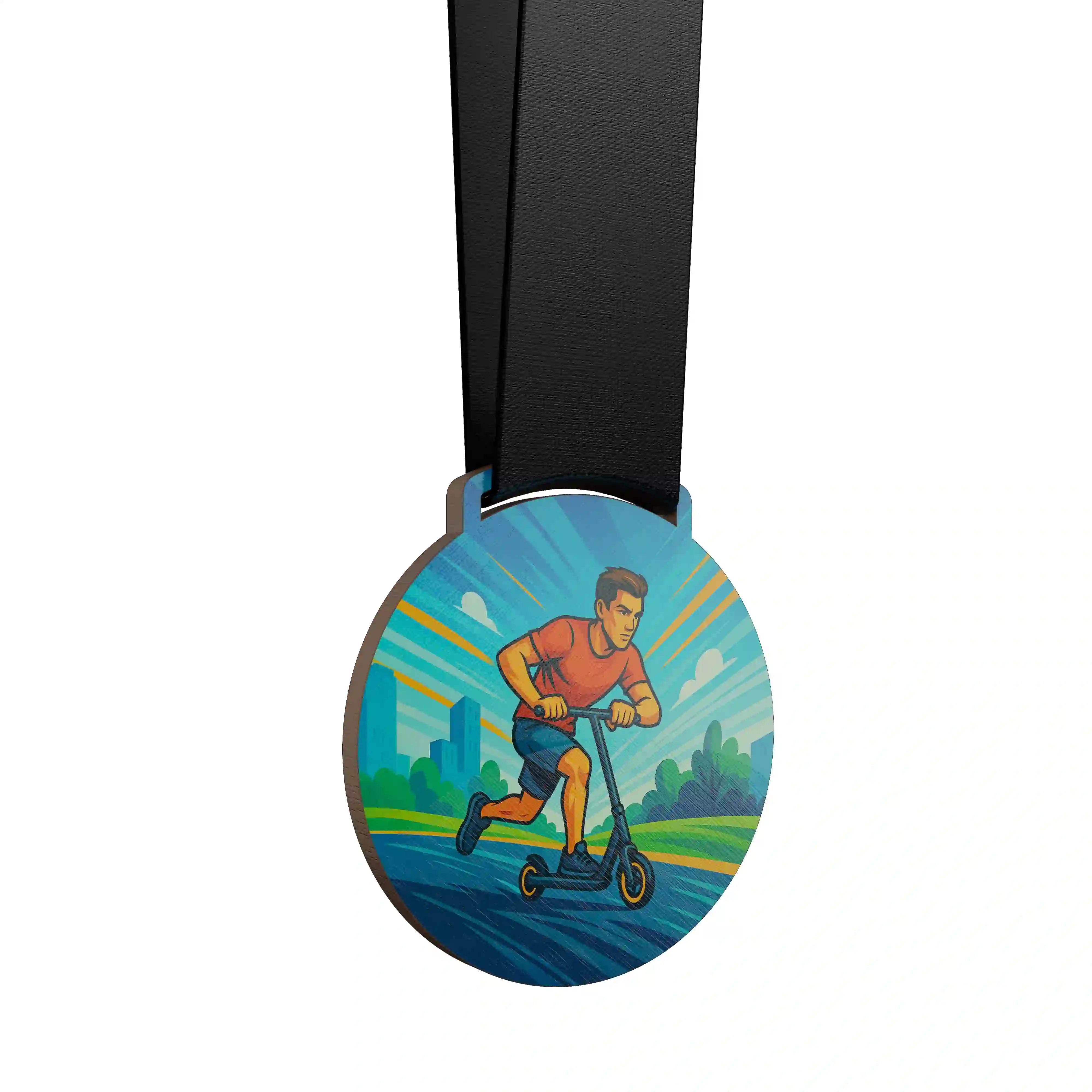 médaille en bois d'un homme faisant de la trottinette
