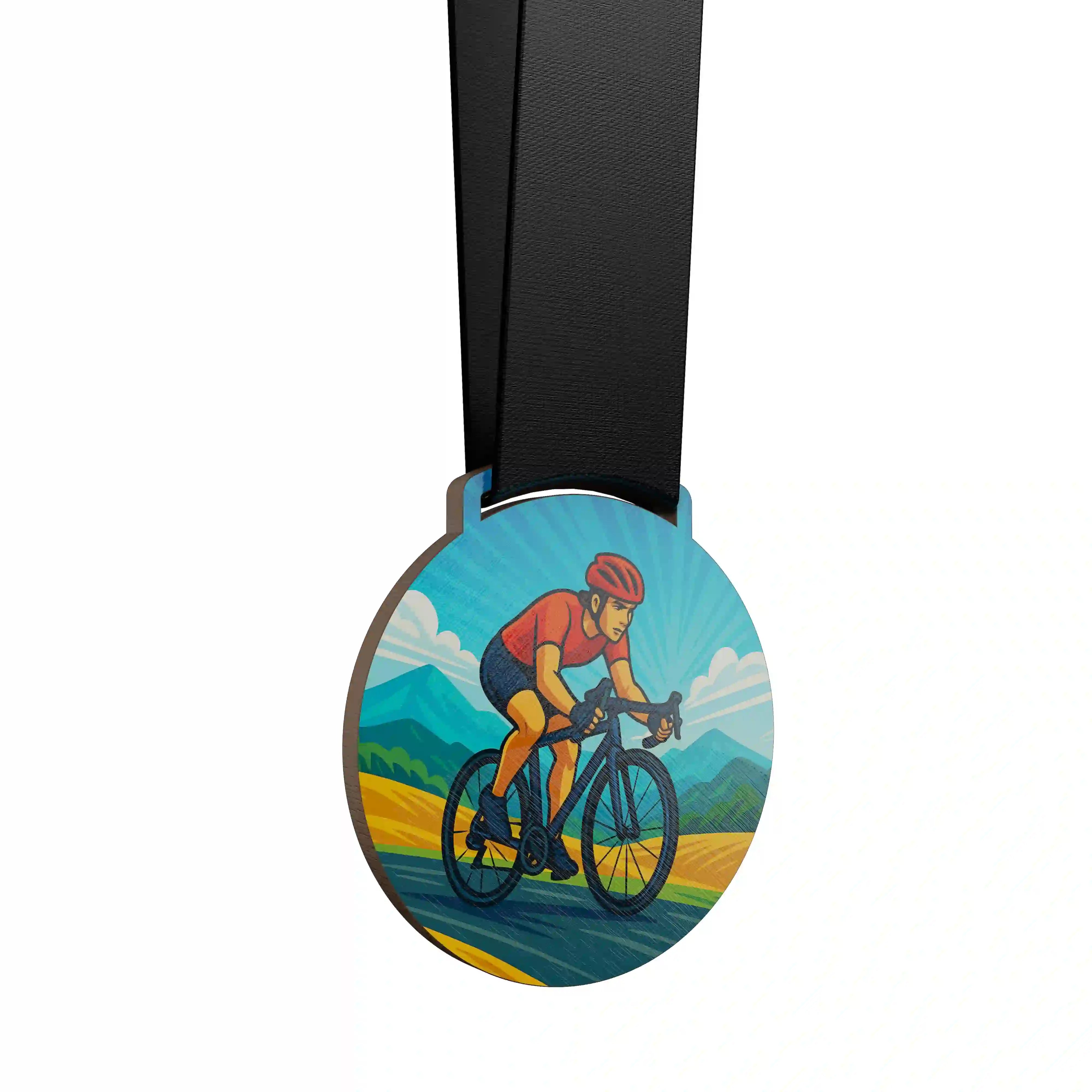 médaille en bois d'une femme qui fait du vélo sur la route