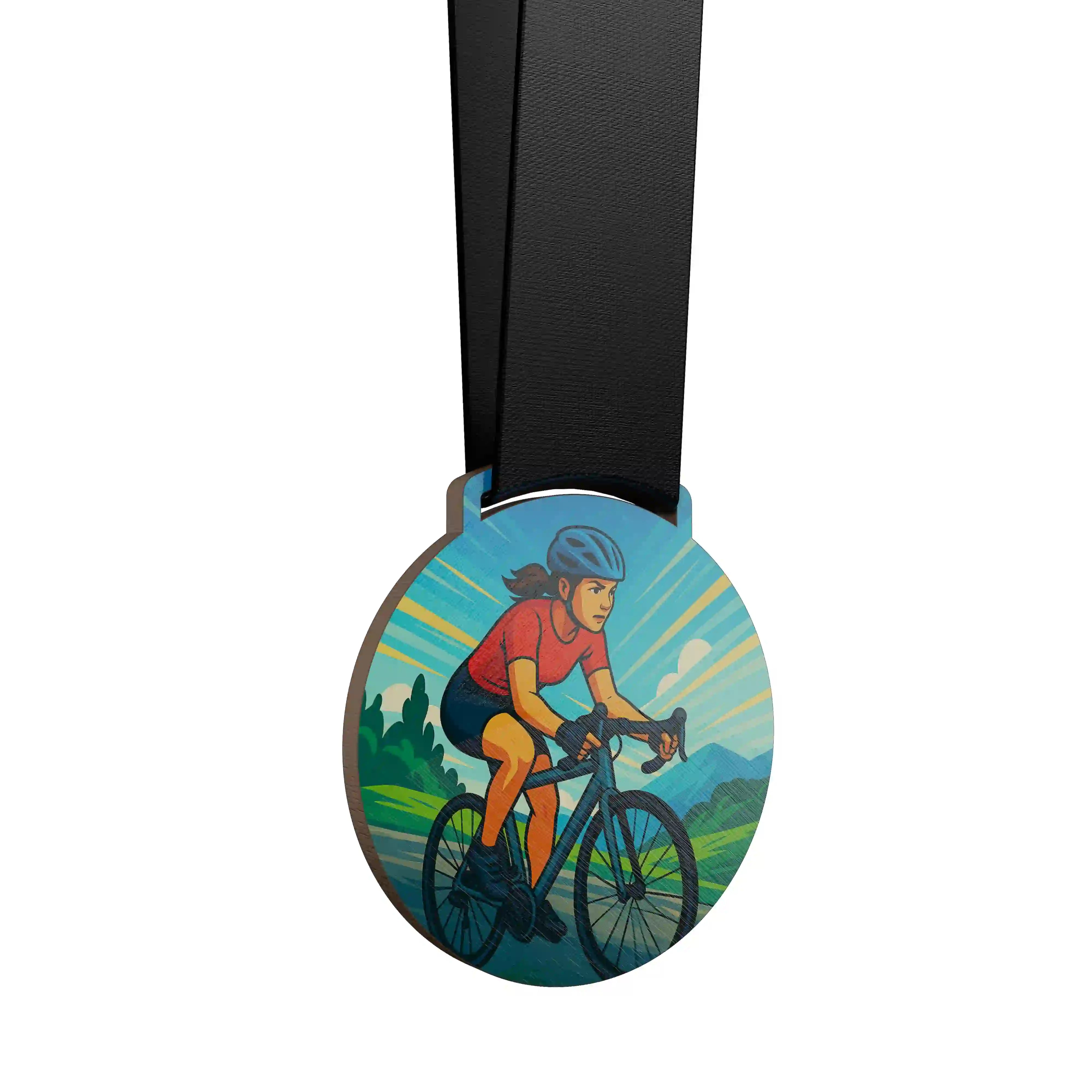 médaille en bois représentant une femme pratiquant le vélo route