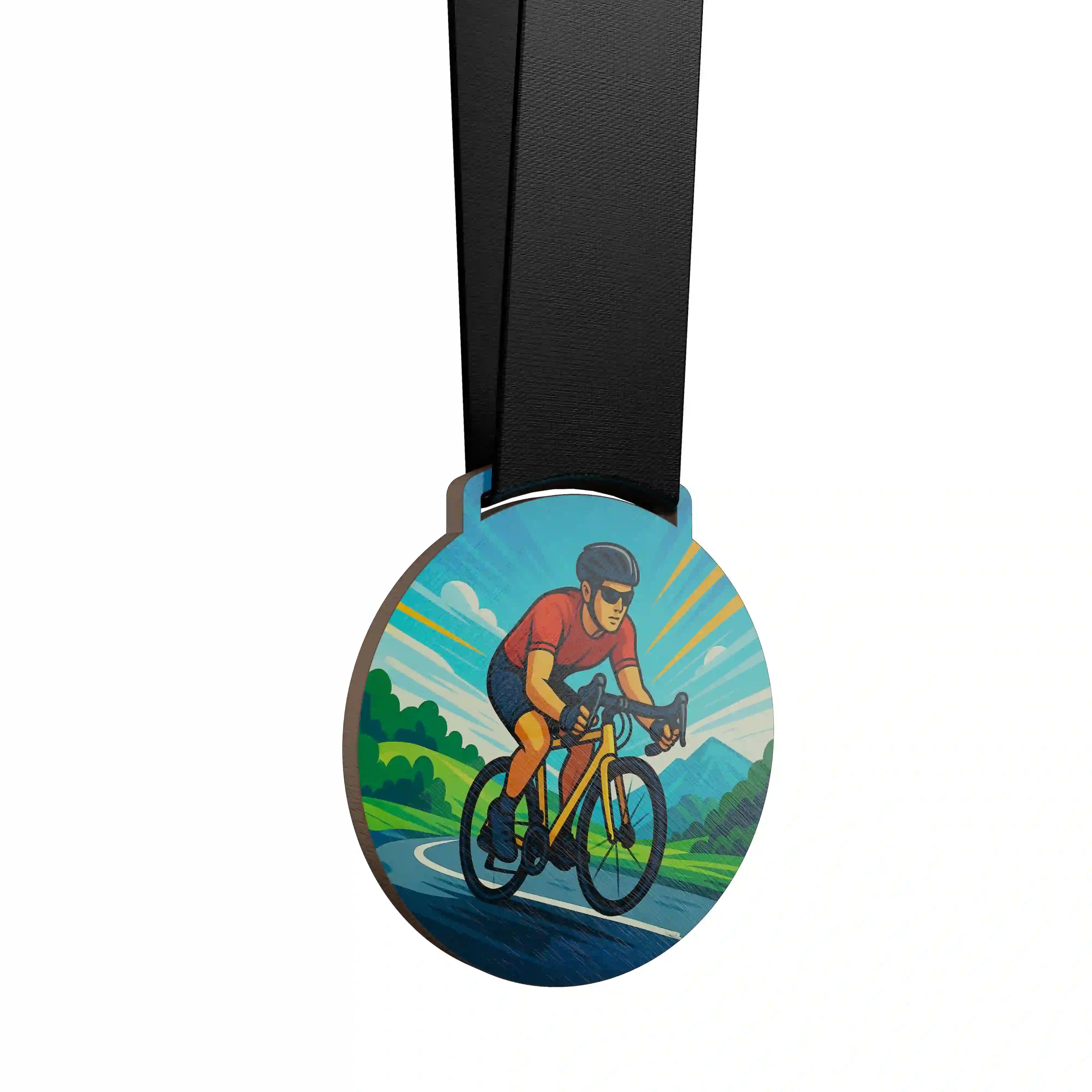 médaille en bois représentant un homme pratiquant le vélo route