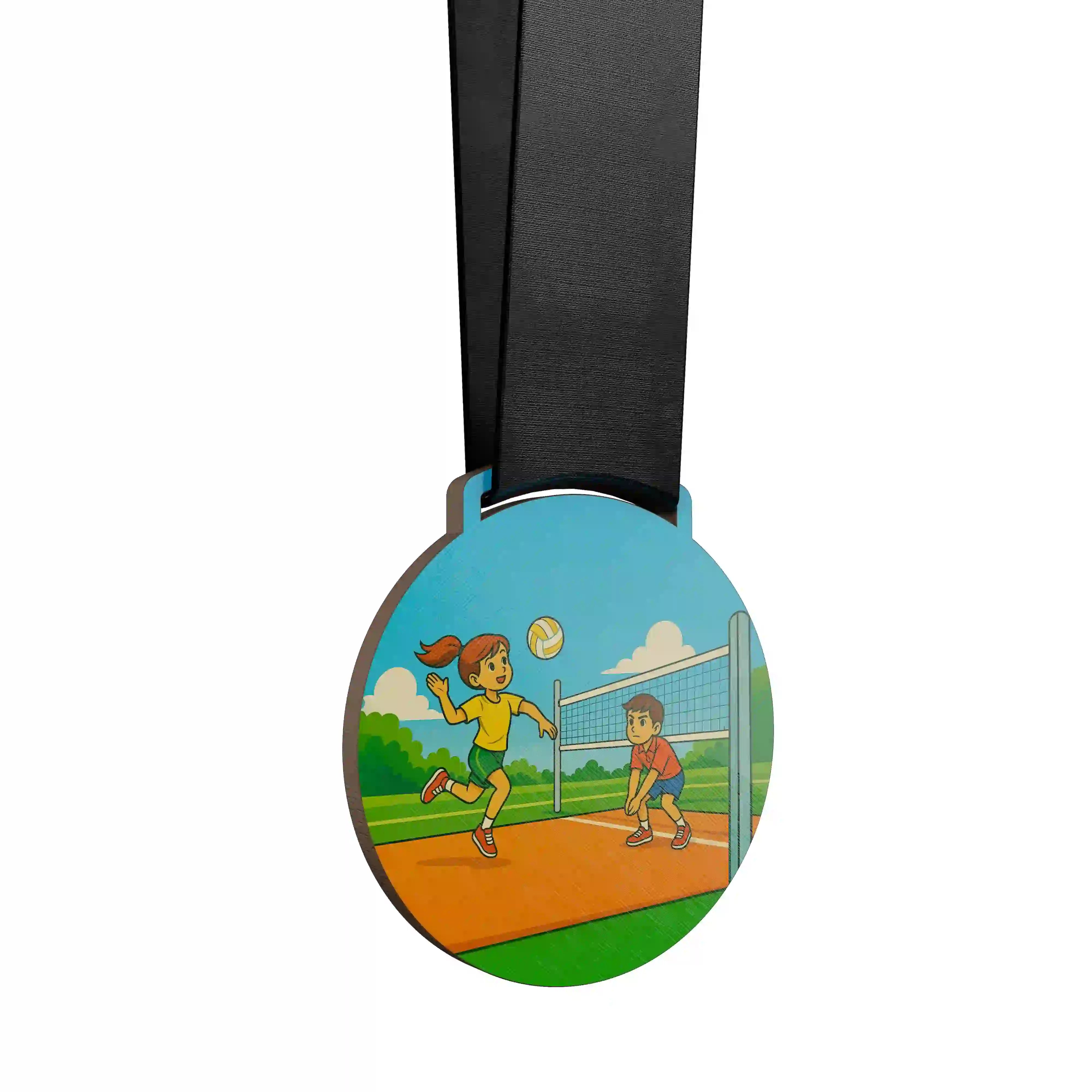 médaille en bois de deux enfants pratiquant le volley