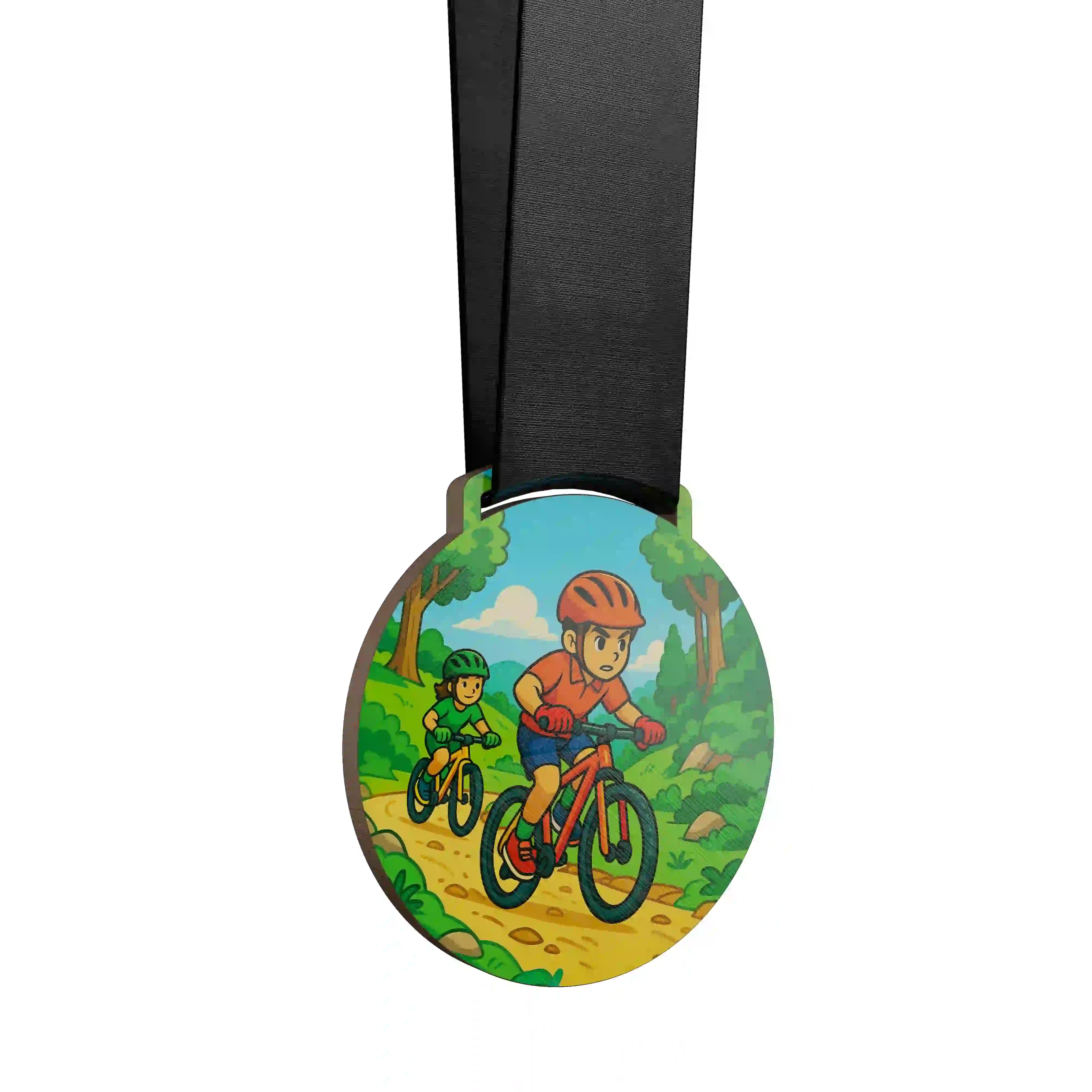 médaille en bois de deux enfants faisant du vtt