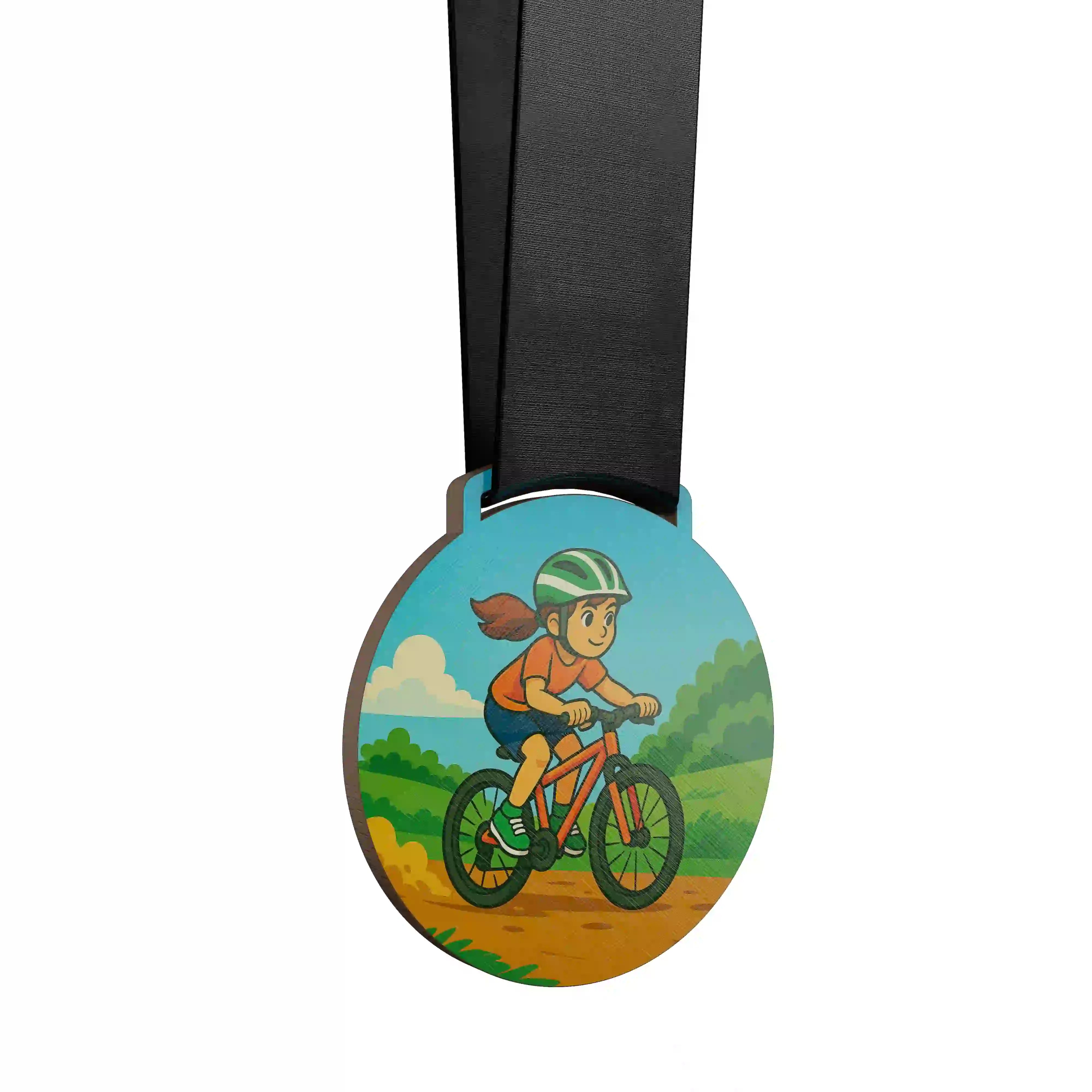 médaille en bois d'une jeune fille faisant du vtt