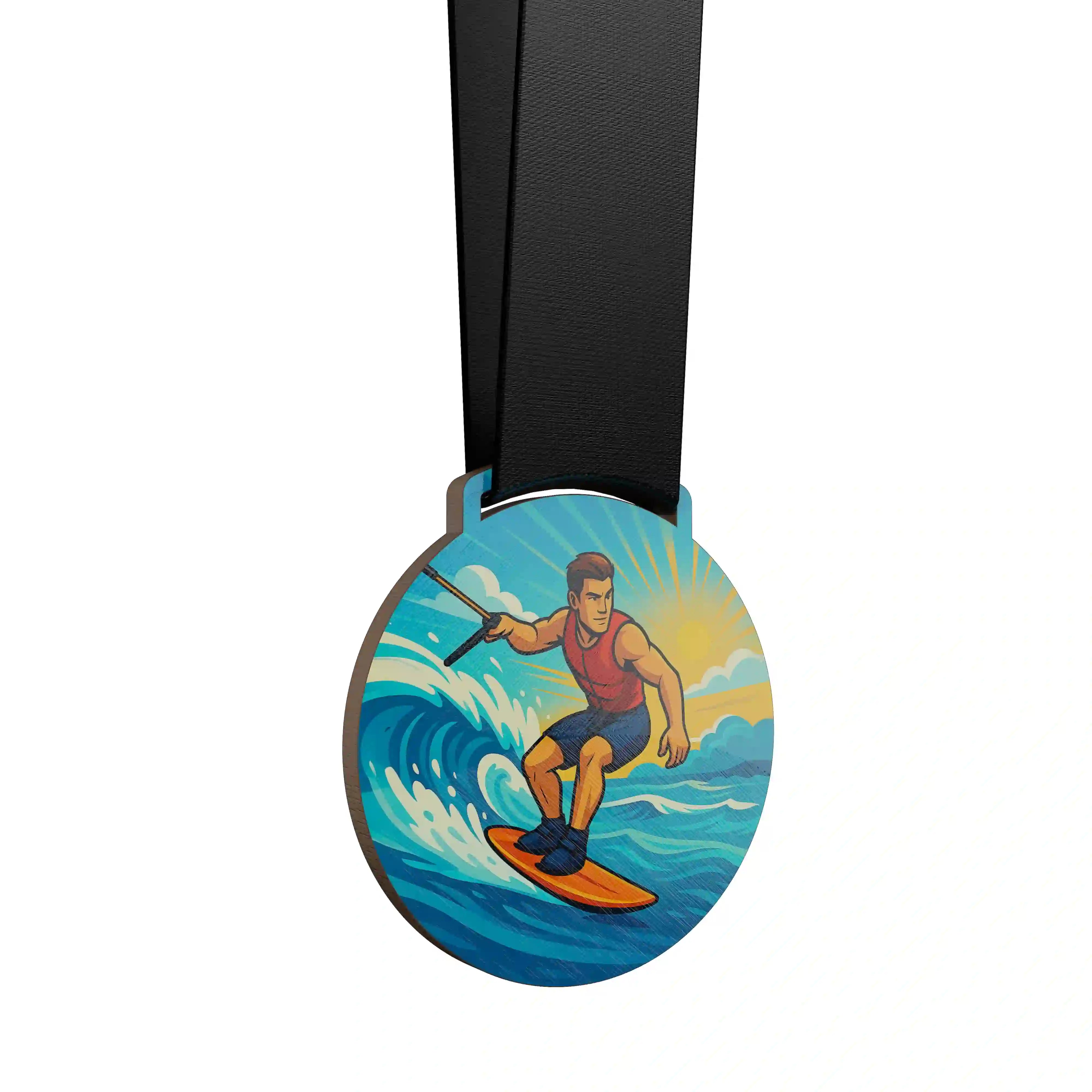 médaille en bois d'un homme pratiquant le wakeboard