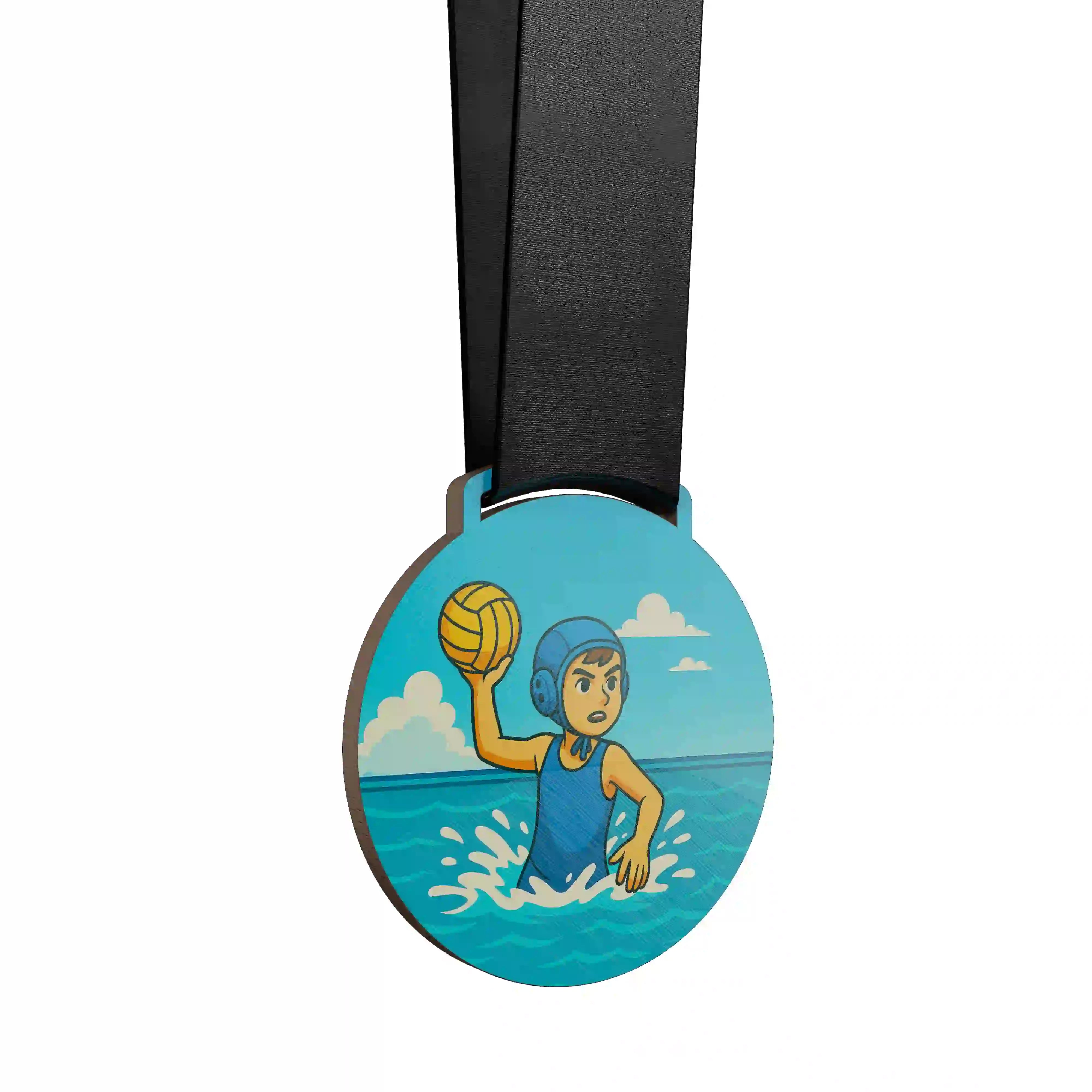 médaille en bois d'un garçon faisant du water polo en tant qu'attaquant
