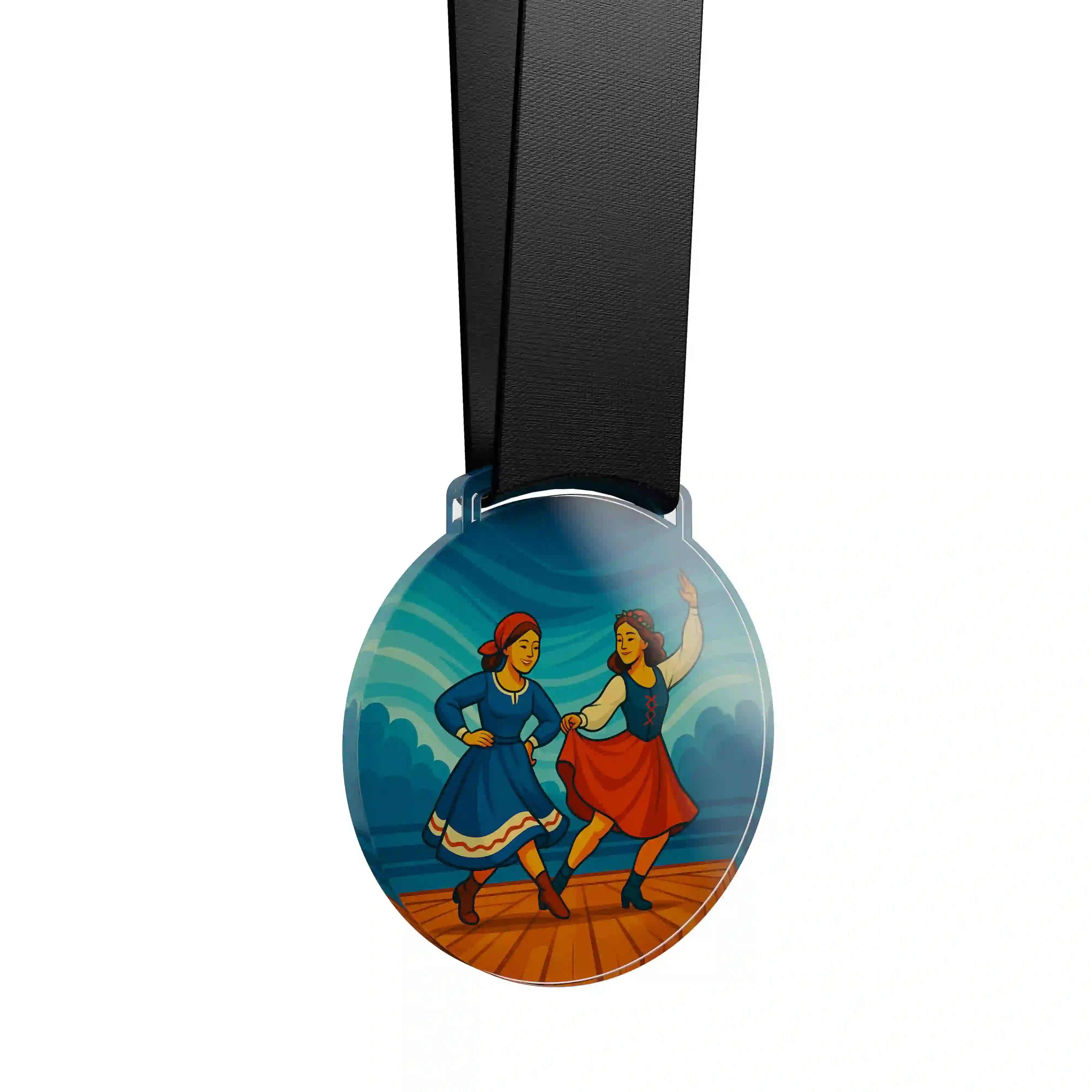 médaille en acrylique de deux femmes faisant de la danse folklorique