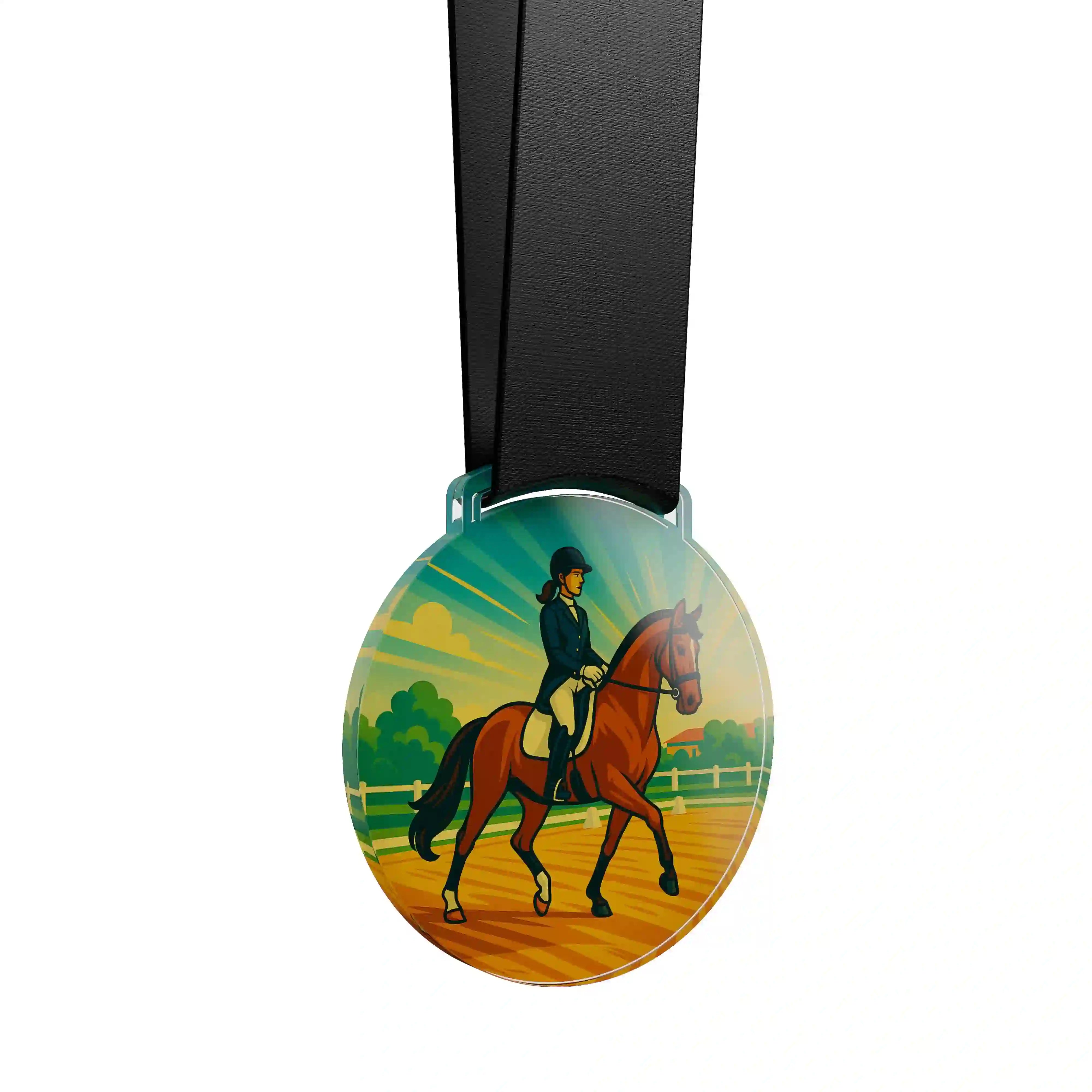médaille acrylique d'une femme faisant de l’équestre dressage