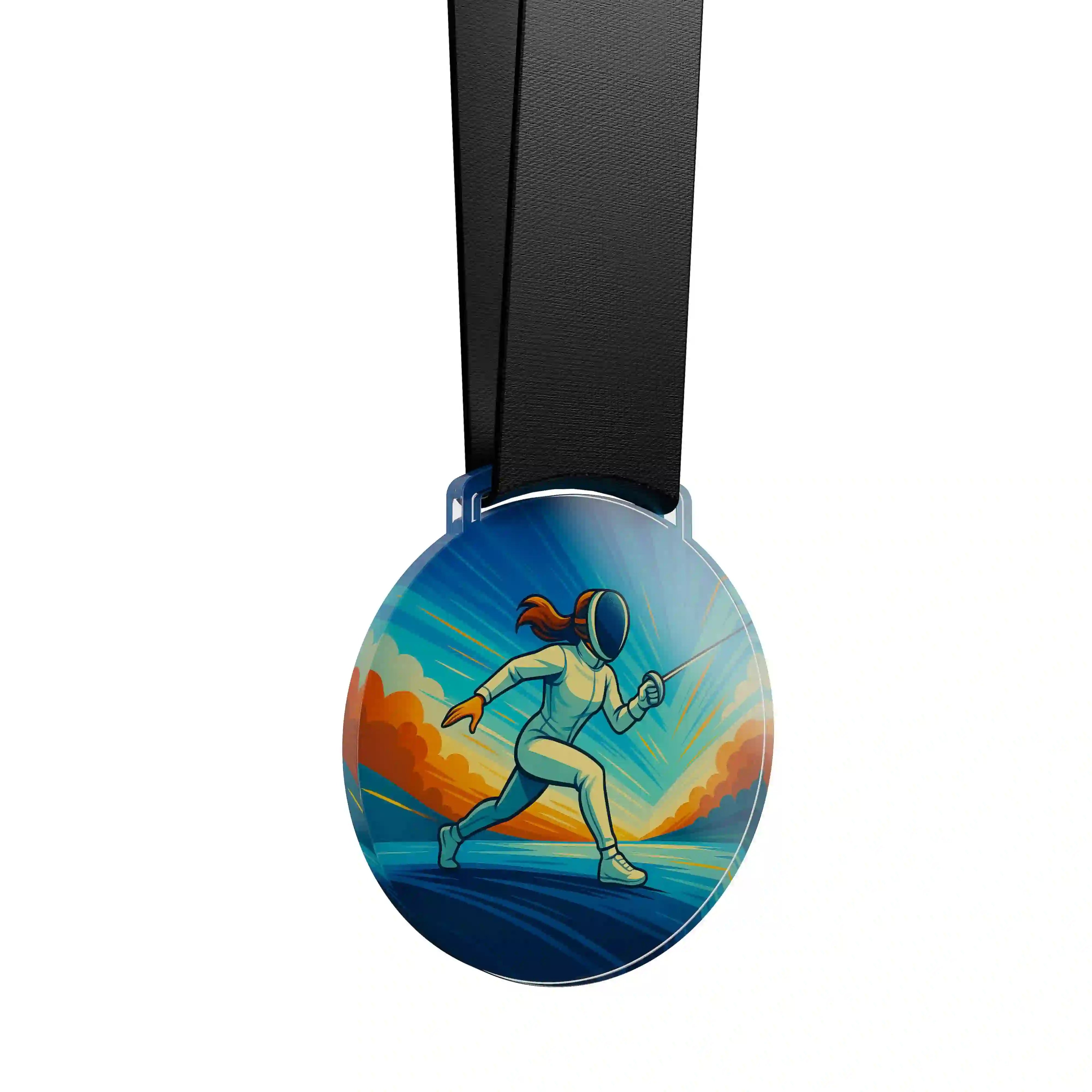 médaille acrylique d'une femme faisant de l'escrime