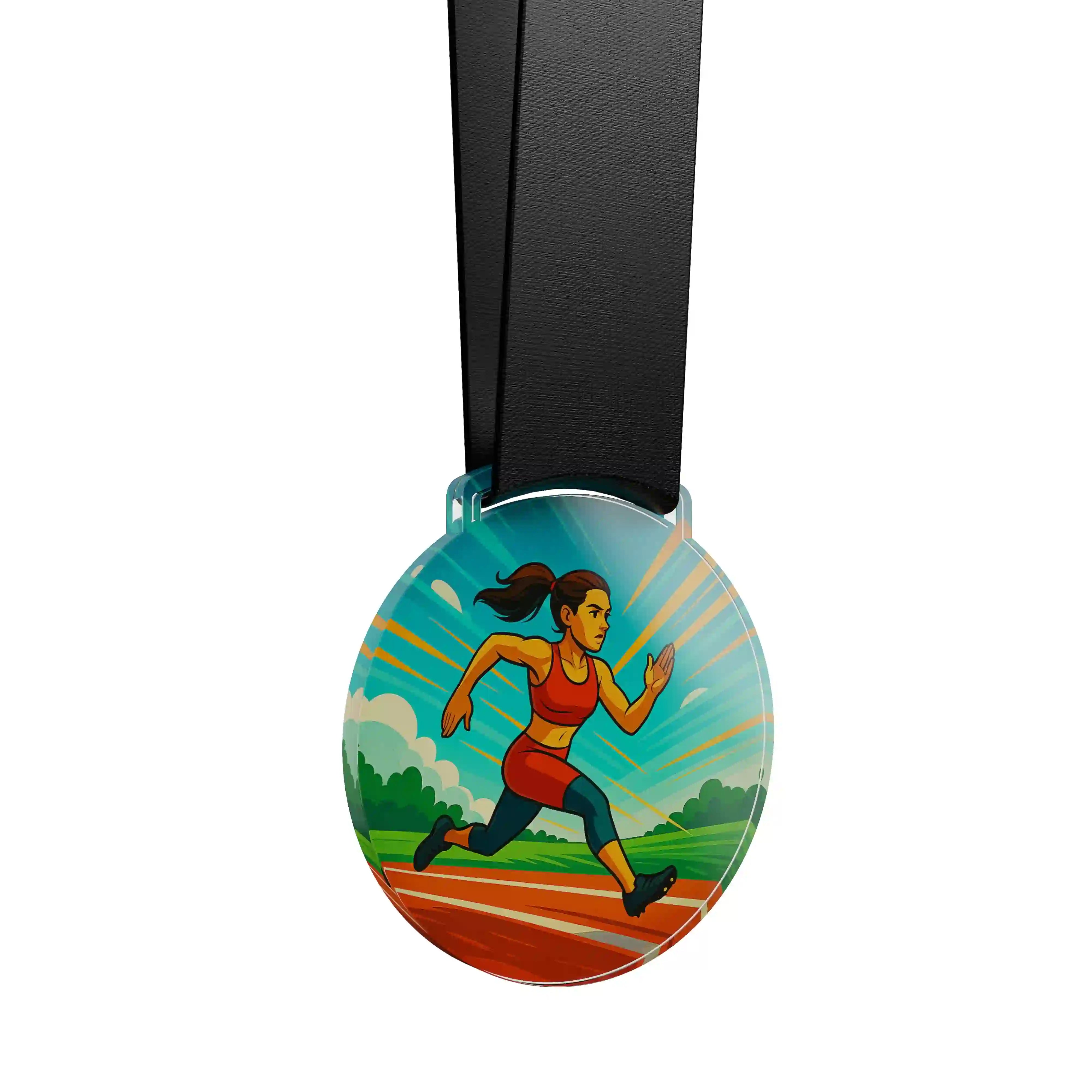 médaille en acrylique d'une femme qui court représentant l'athlétisme
