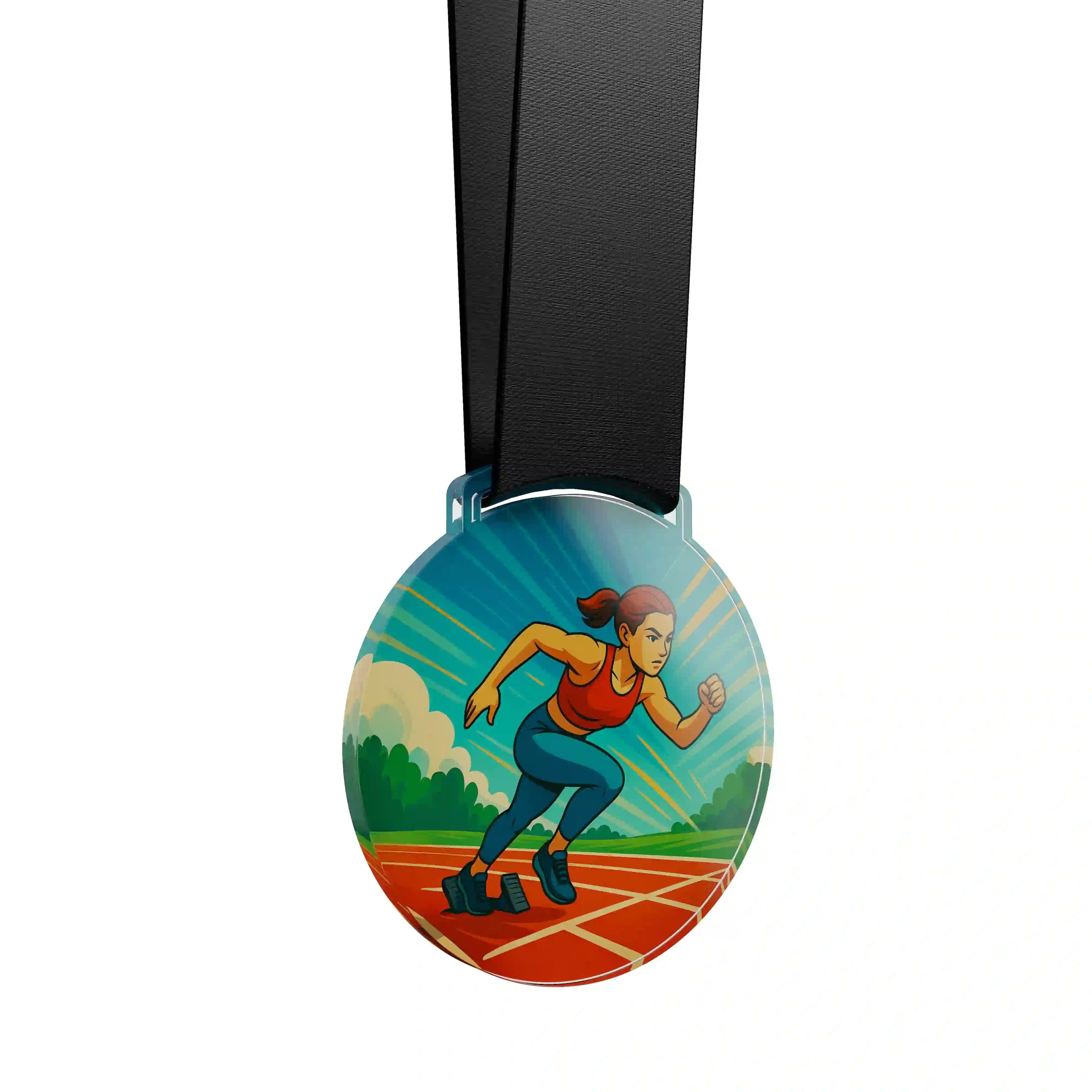 médaille en acrylique d'une femme sur le départ d'une course
