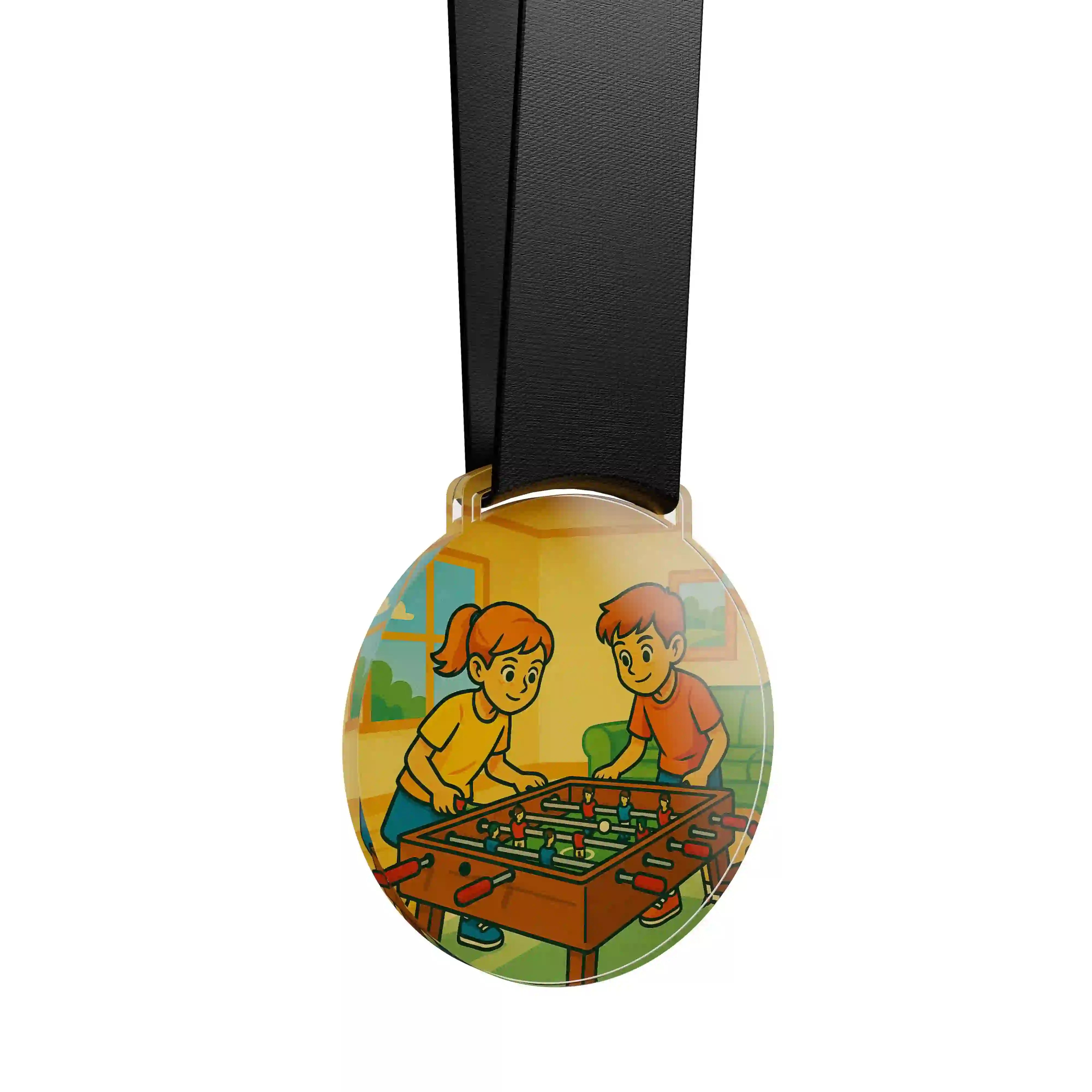médaille en acrylique de deux enfants faisant du babyfoot