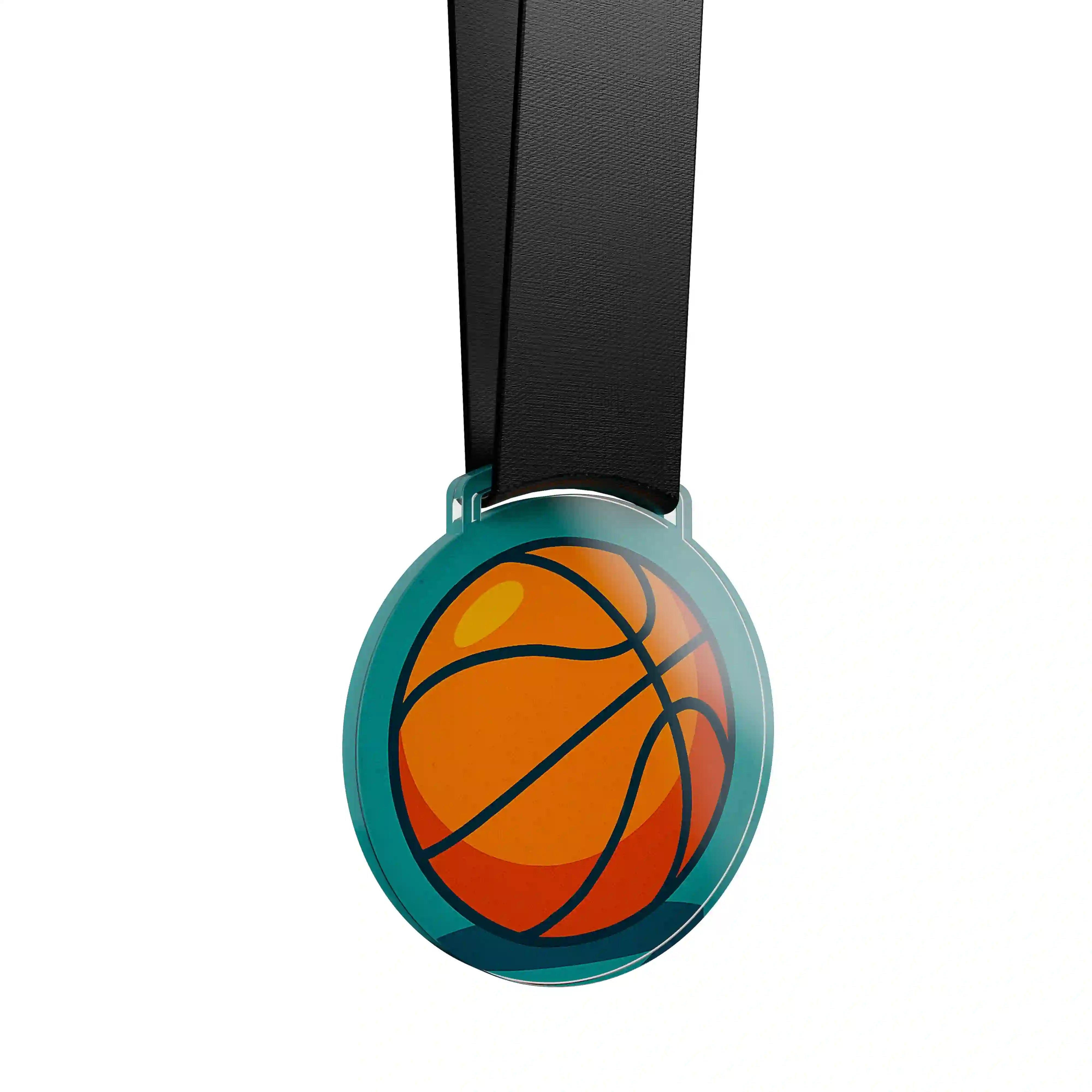 médaille en acrylique d'un ballon de basket sur fond bleu