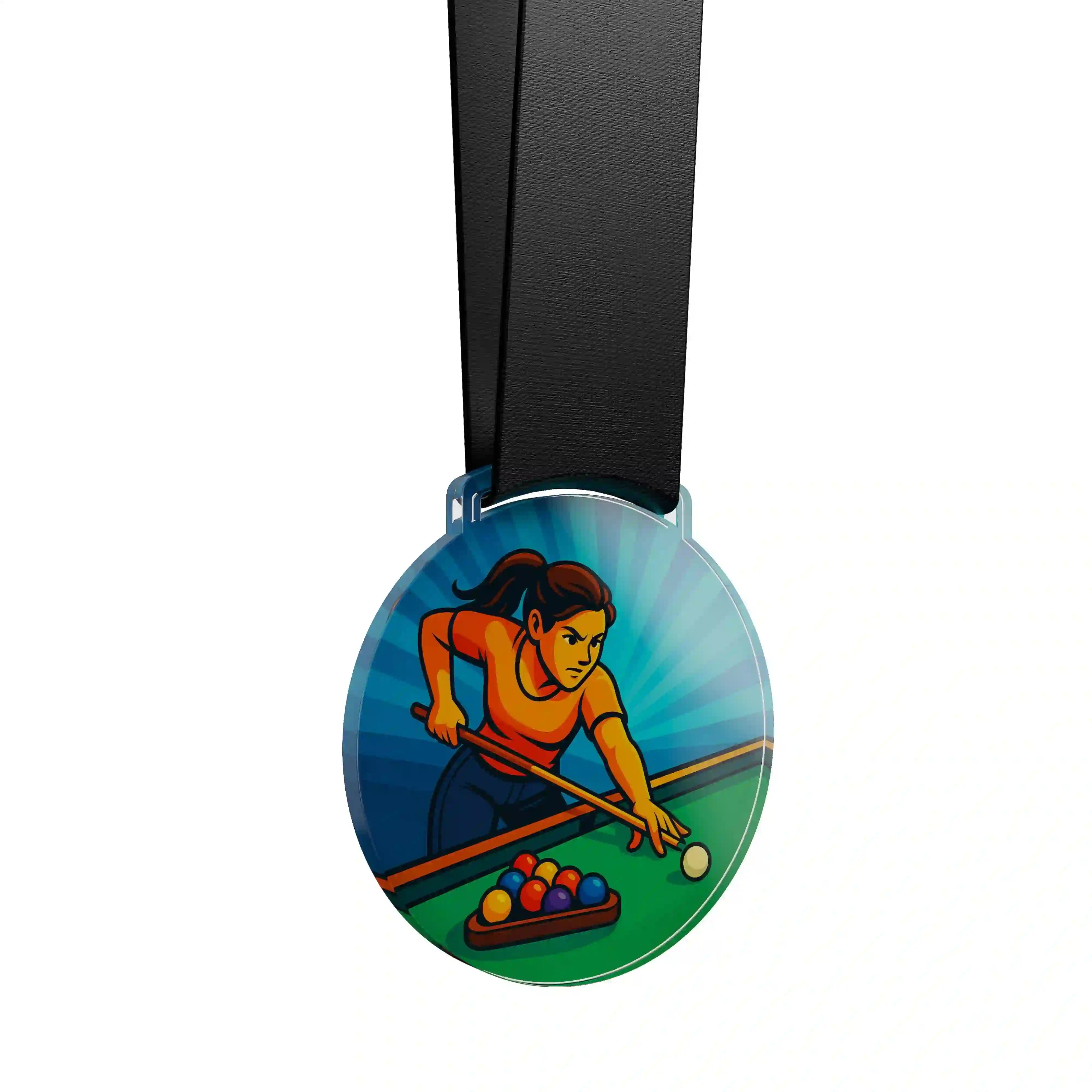médaille en acrylique d'une femme faisant du billard