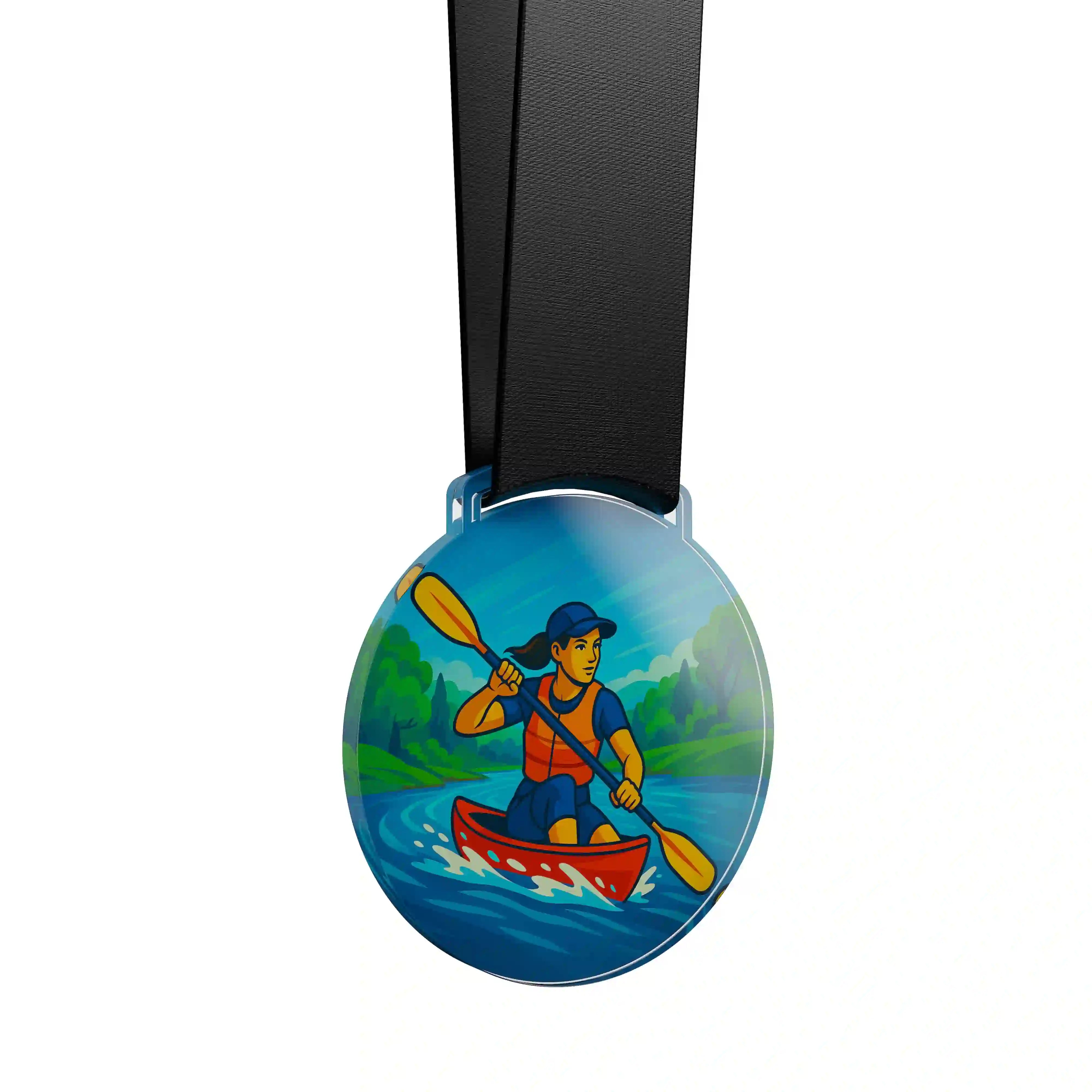 médaille en acrylique d'une femme faisant du canoë kayak