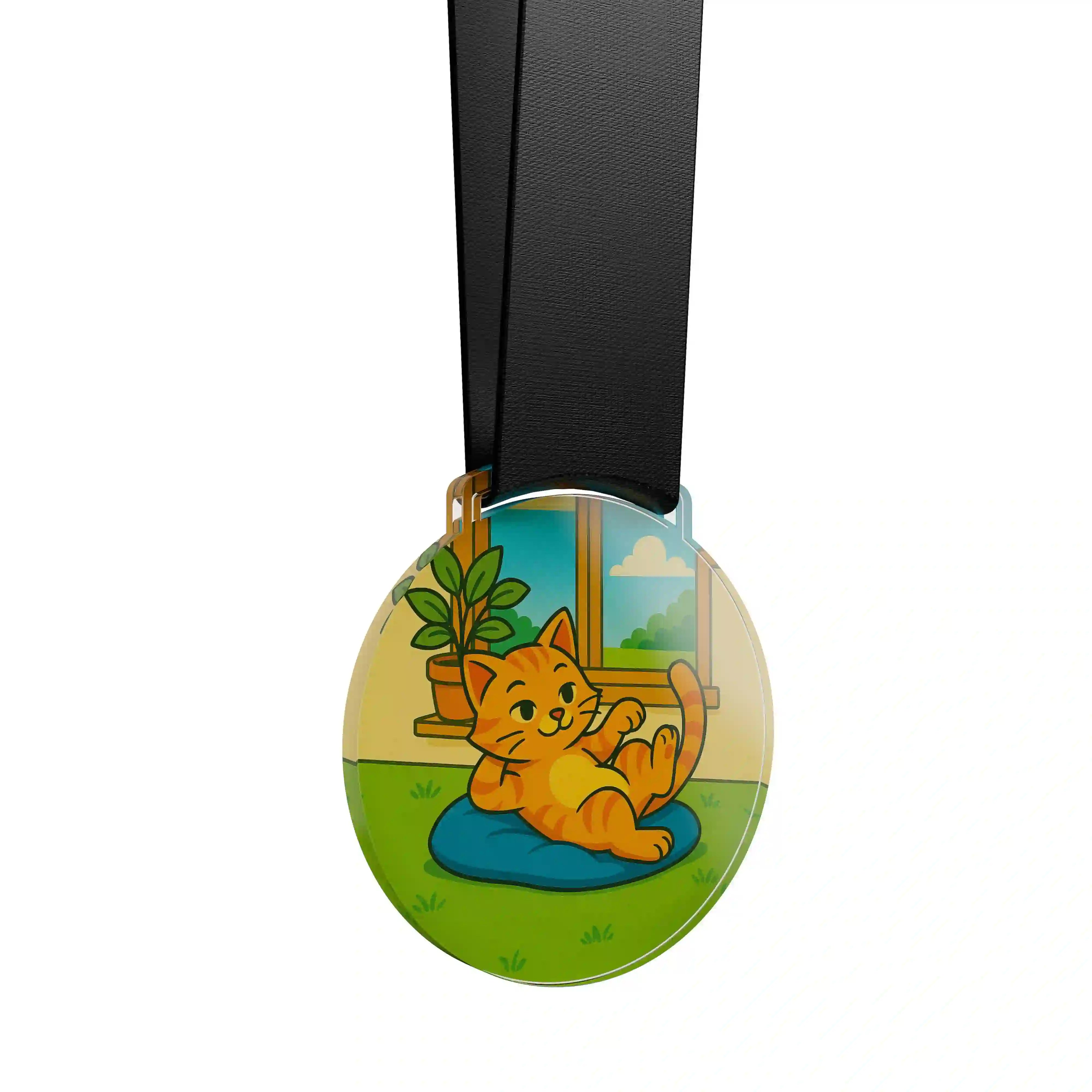 médaille acrylique d'un chat roux sur un coussin