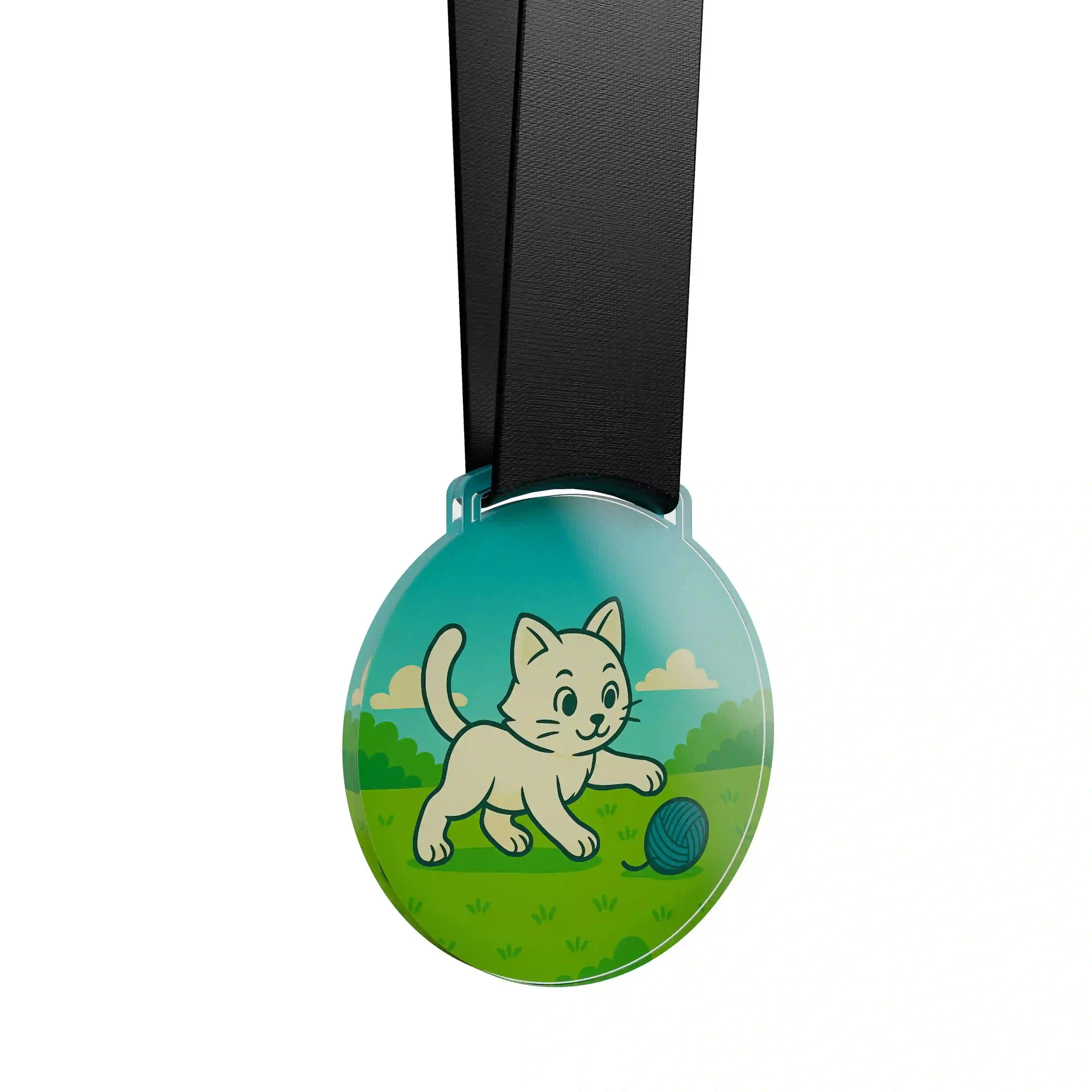 médaille acrylique d'un chat blanc jouant avec une pelote