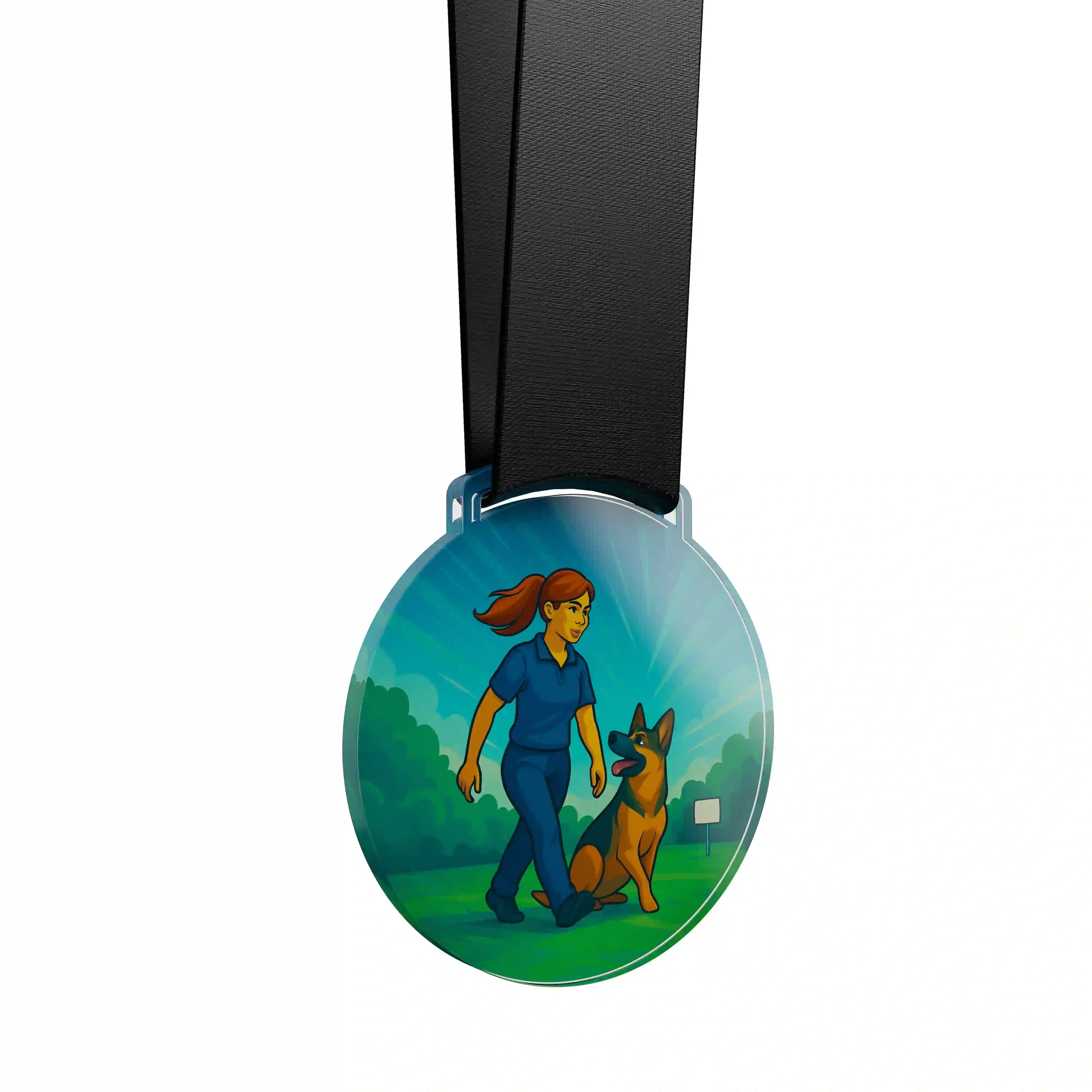 médaille en acrylique d'une femme faisant de la compétition canine