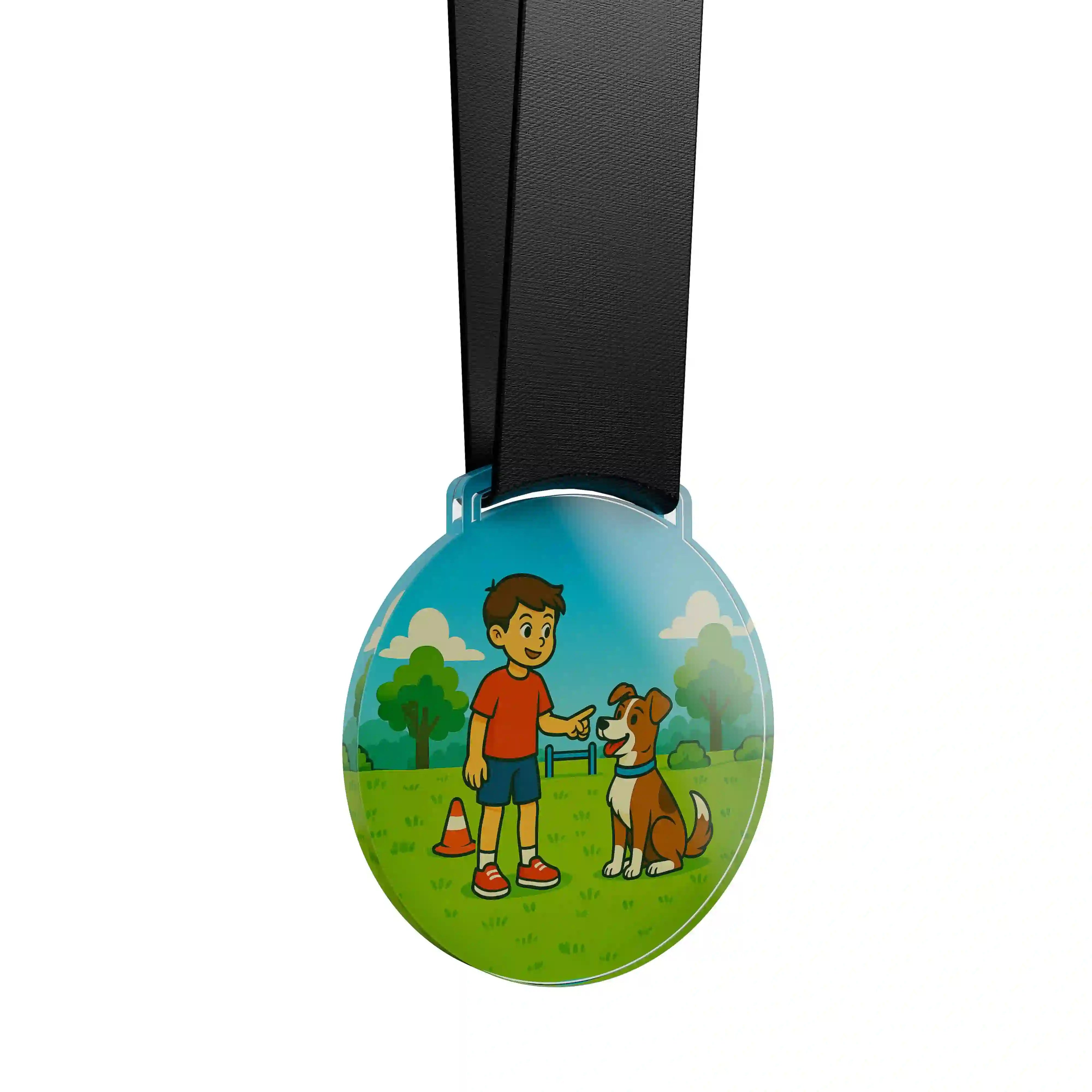 médaille acrylique d'un jeune garçon faisant de la compétition canine