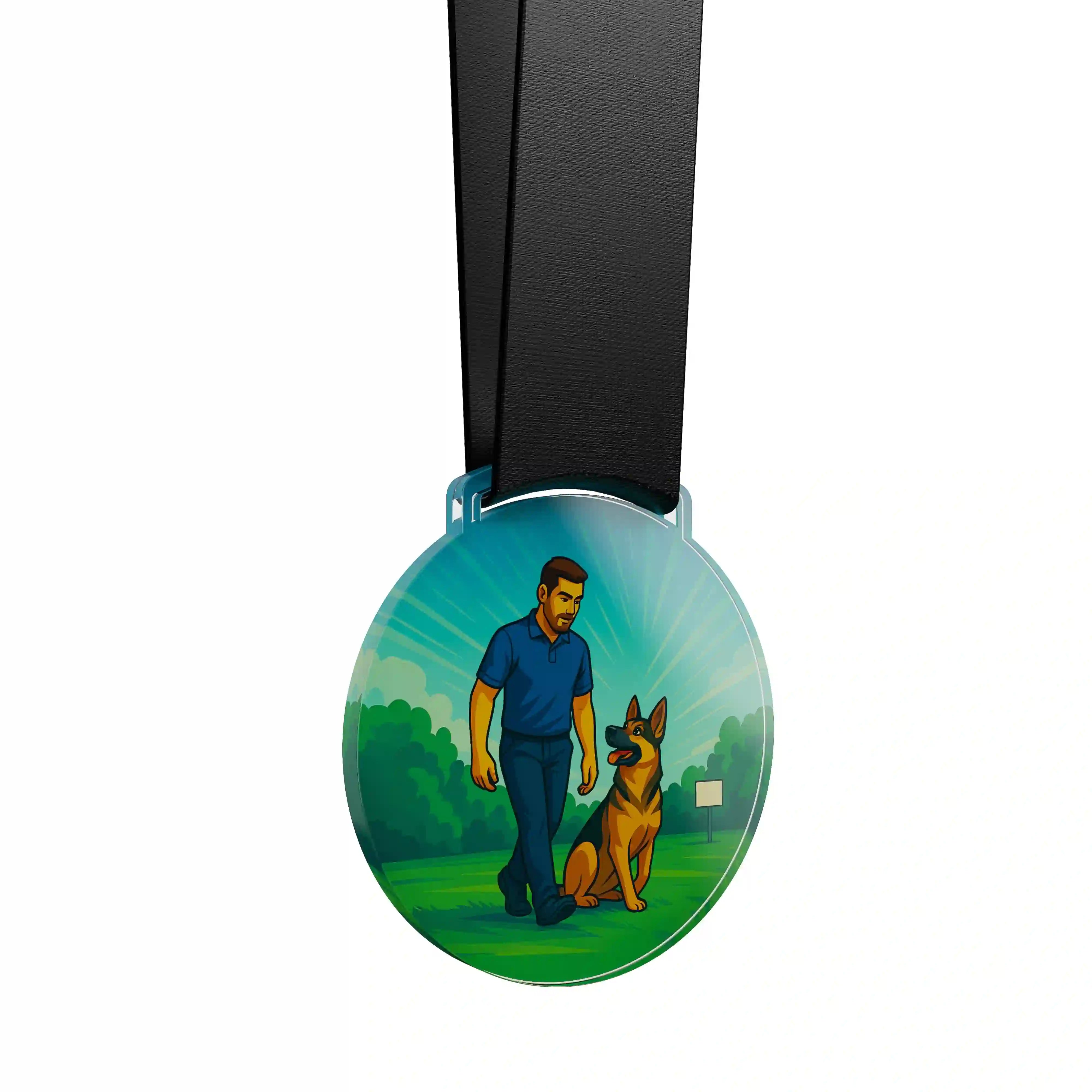 médaille en acrylique d'un homme faisant de la compétition canine