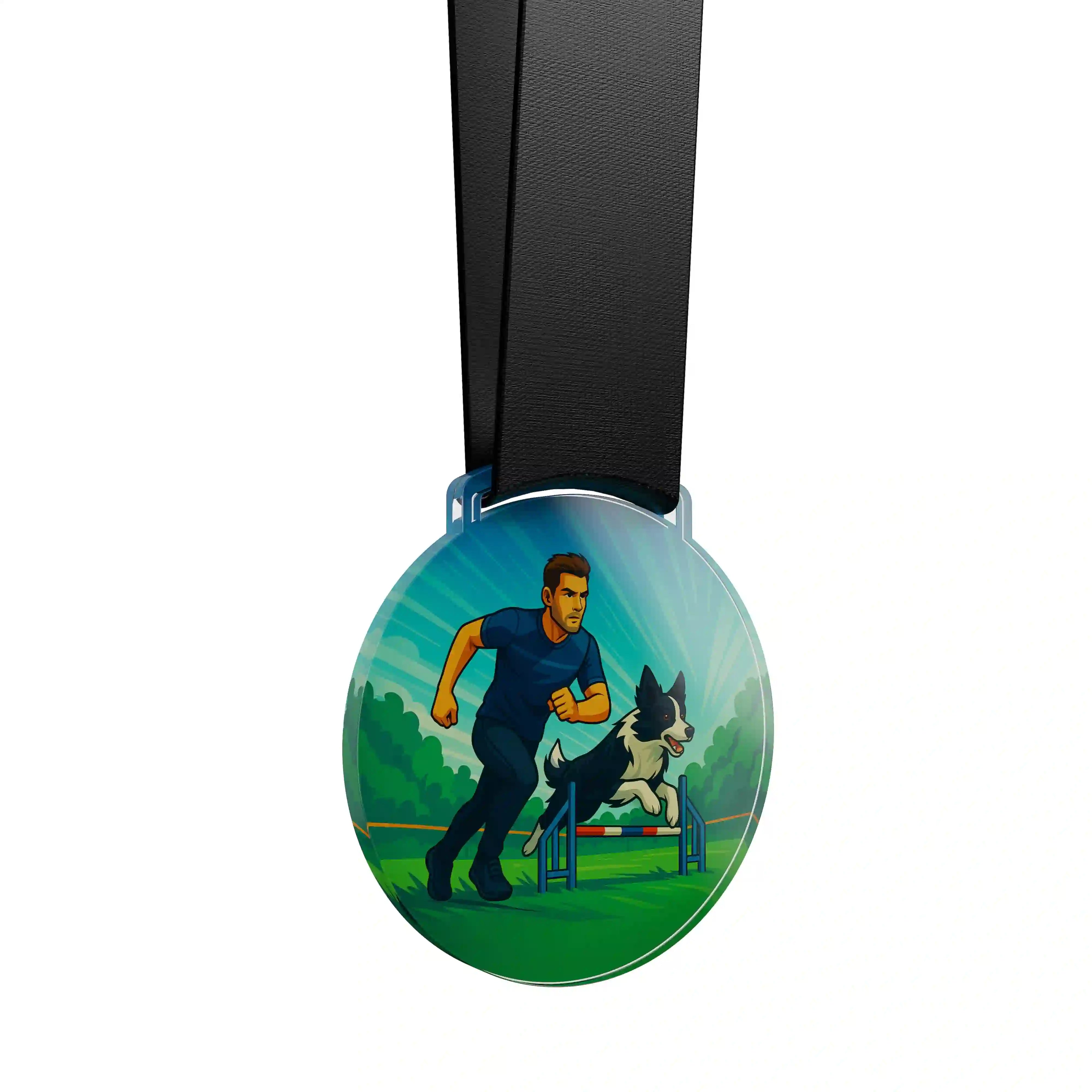 médaille en acrylique d'un homme faisant du concours canin