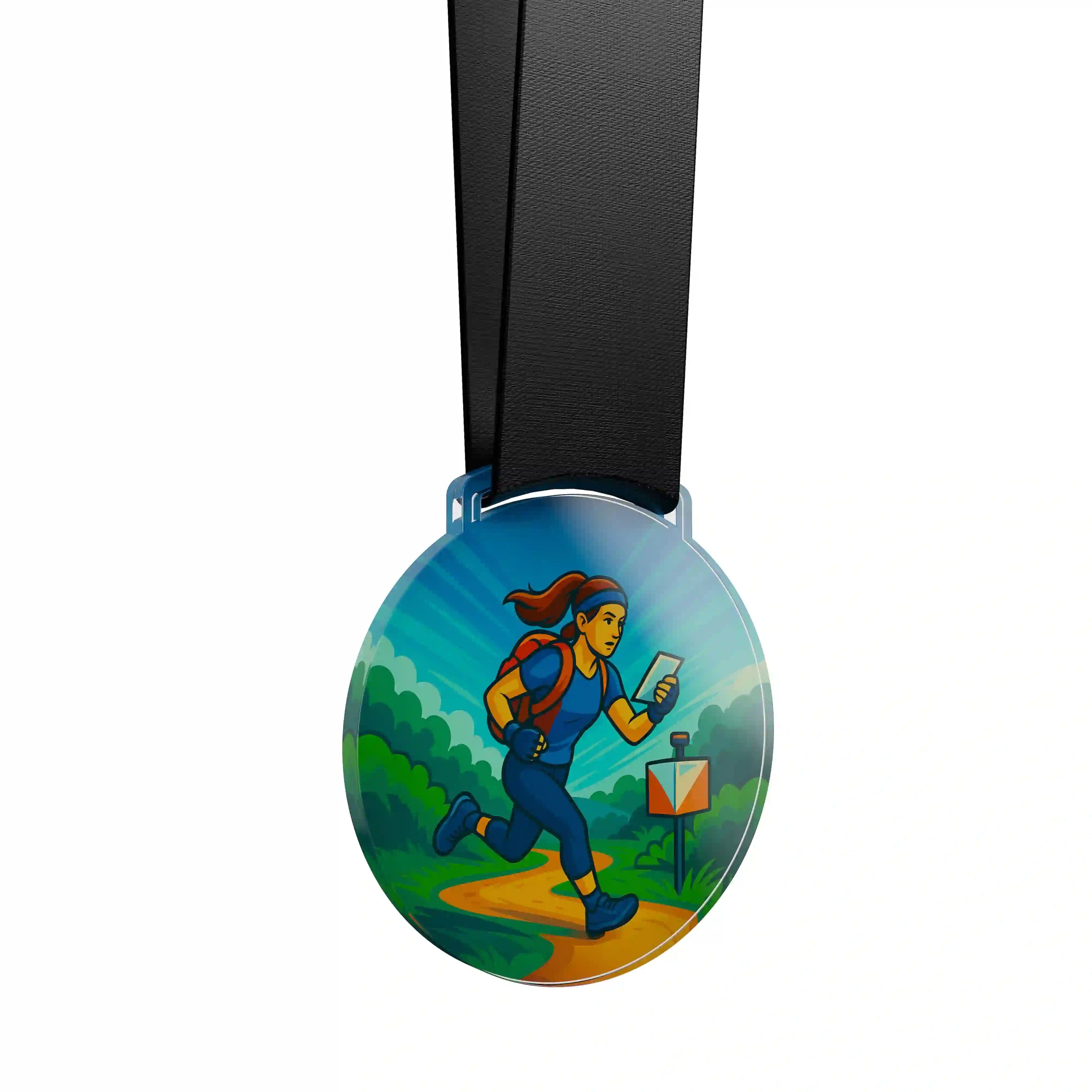 médaille en acrylique d'une femme faisant une course d'orientation